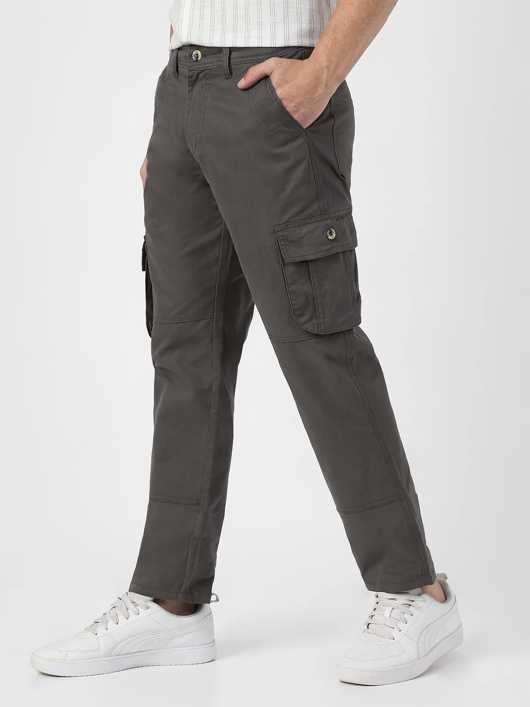 Men's Dark Grey Regular Fit Solid Cargo Chino Pant with 6 Pockets - Image 3