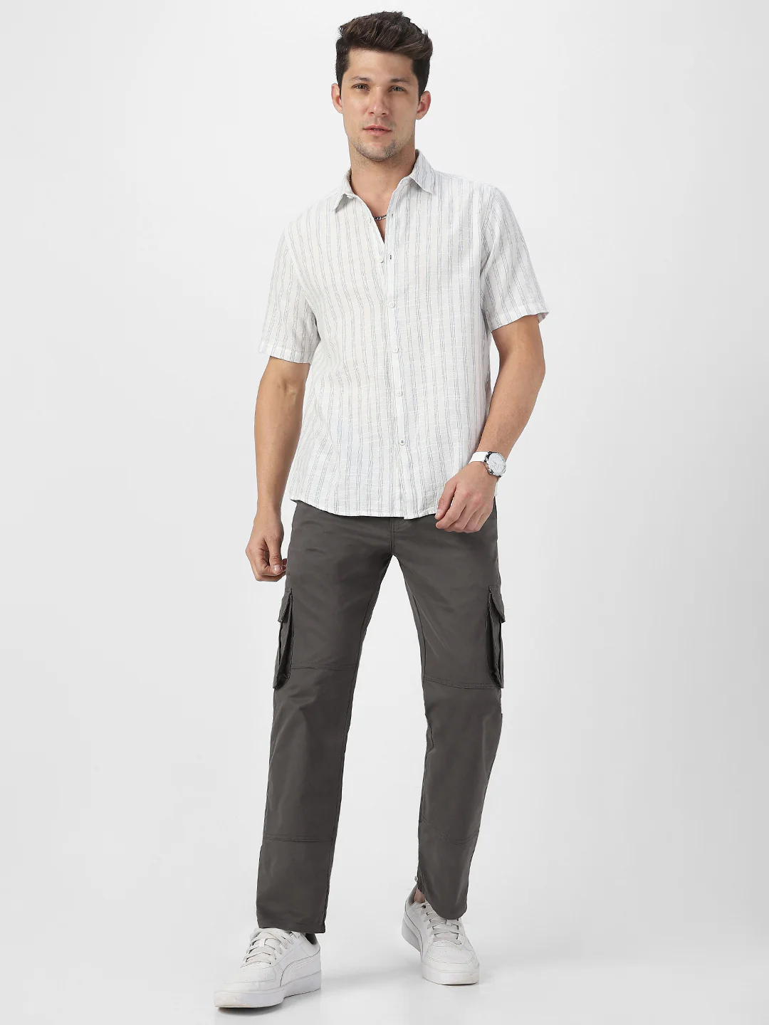 Men's Dark Grey Regular Fit Solid Cargo Chino Pant with 6 Pockets - Image 5