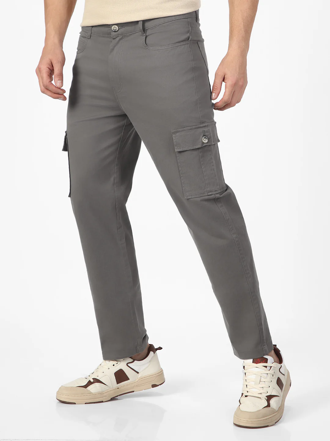 Men's Dark Grey Regular Fit Solid Cargo Chino Pant with 6 Pockets Stretchable - Image 2