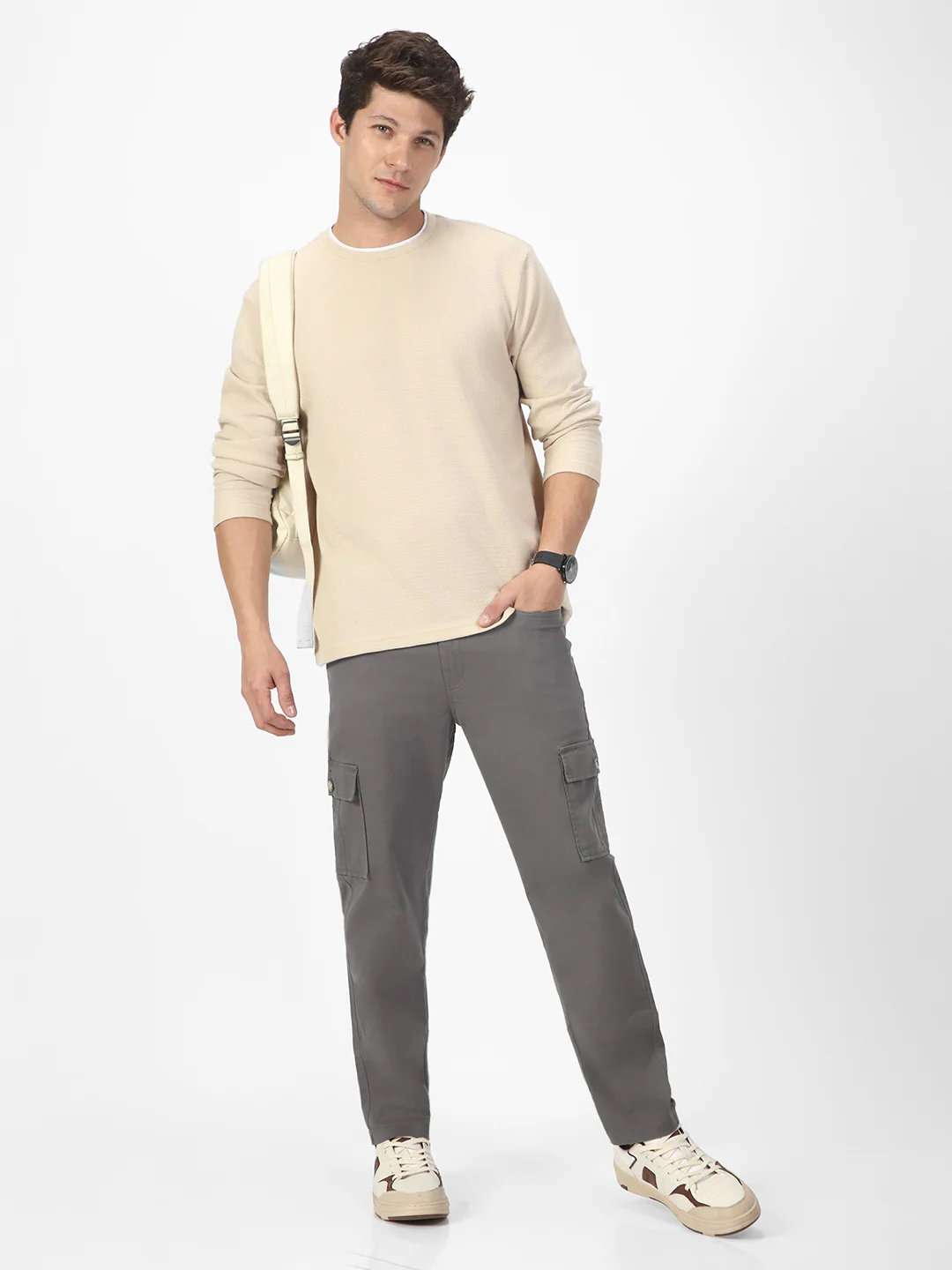 Men's Dark Grey Regular Fit Solid Cargo Chino Pant with 6 Pockets Stretchable - Image 4
