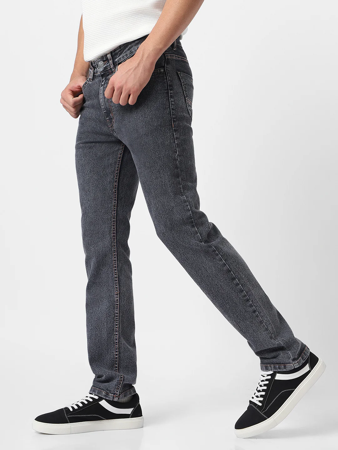 Men's Dark Grey Regular Fit Washed Jeans Stretchable - Image 3