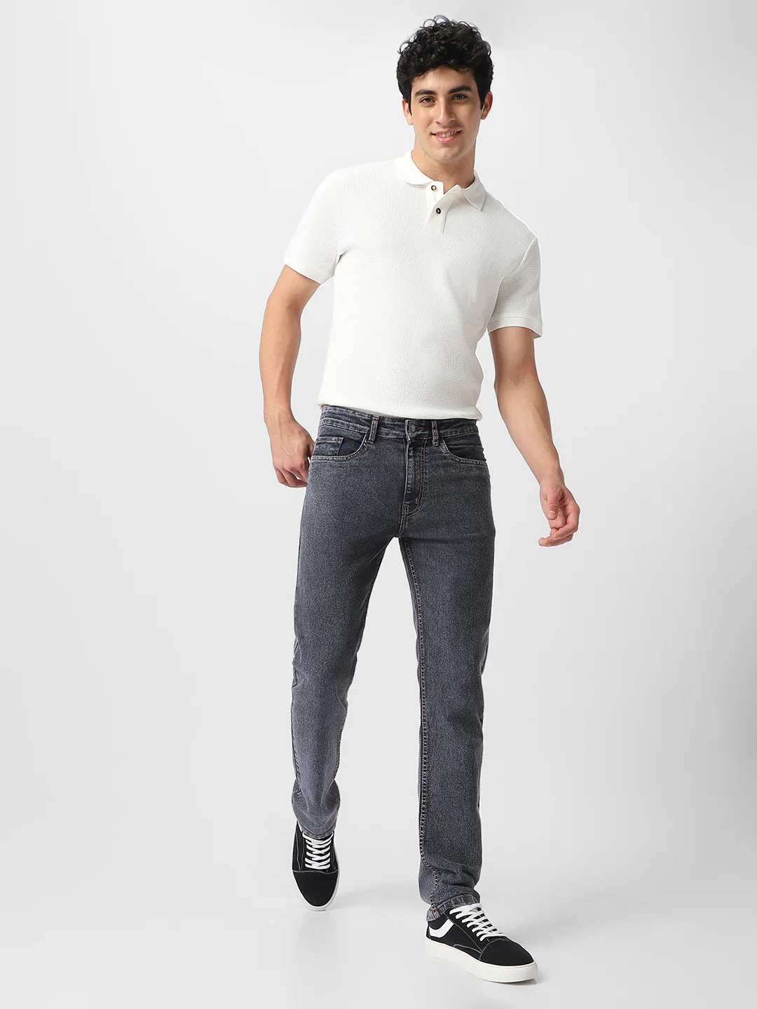 Men's Dark Grey Regular Fit Washed Jeans Stretchable - Image 5
