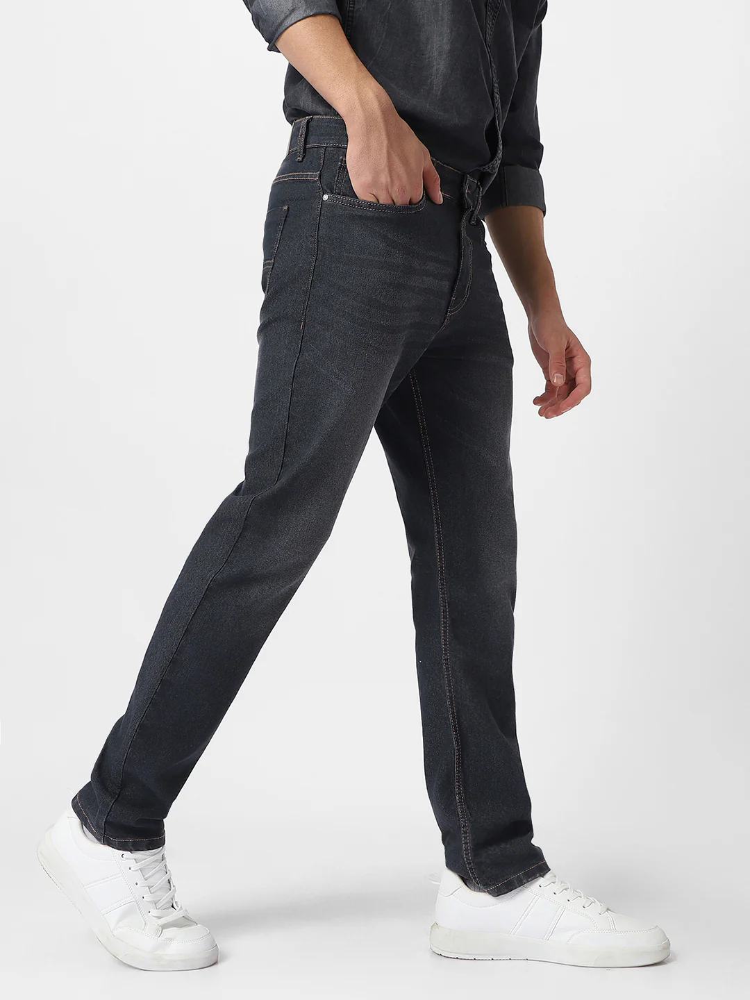 Men's Dark Grey Regular Fit Washed Jeans Stretchable - Image 2