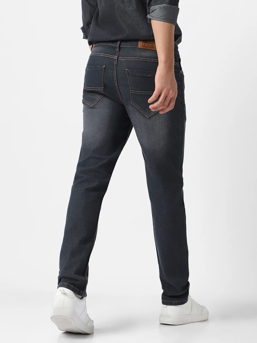 Men's Dark Grey Regular Fit Washed Jeans Stretchable - Image 3