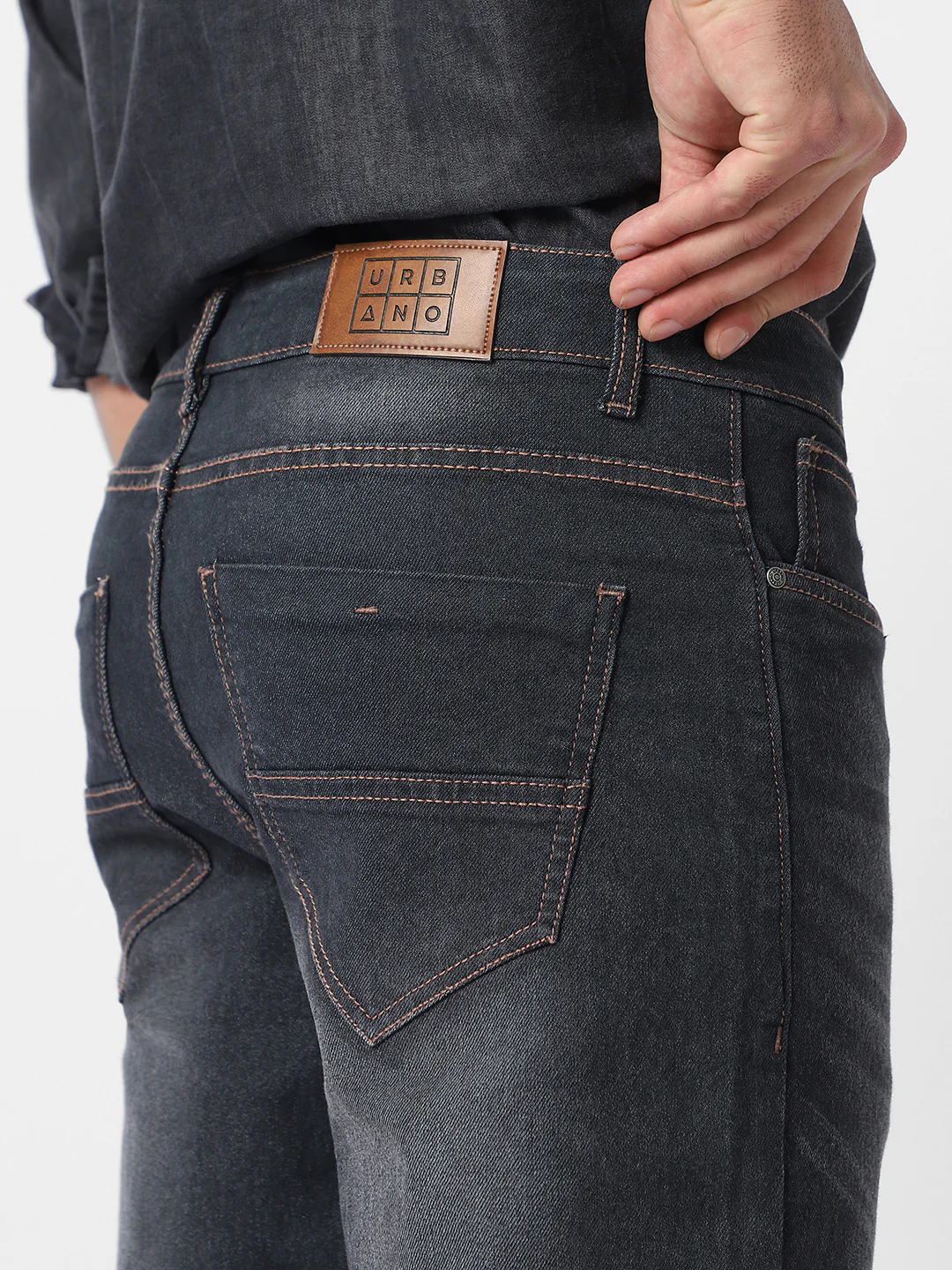 Men's Dark Grey Regular Fit Washed Jeans Stretchable - Image 5