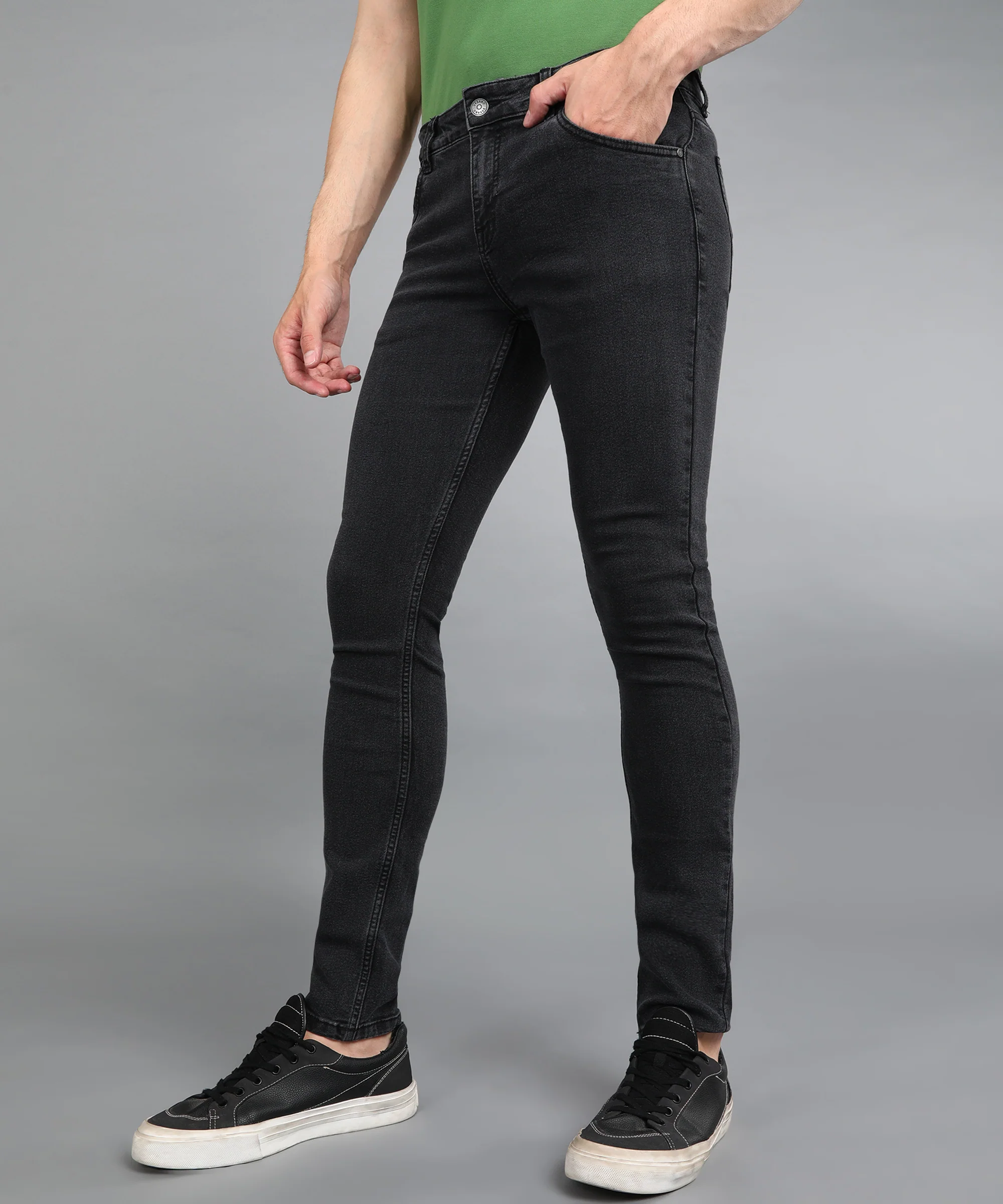 Men's Dark Grey Regular Fit Washed Jeans Stretchable - Image 2