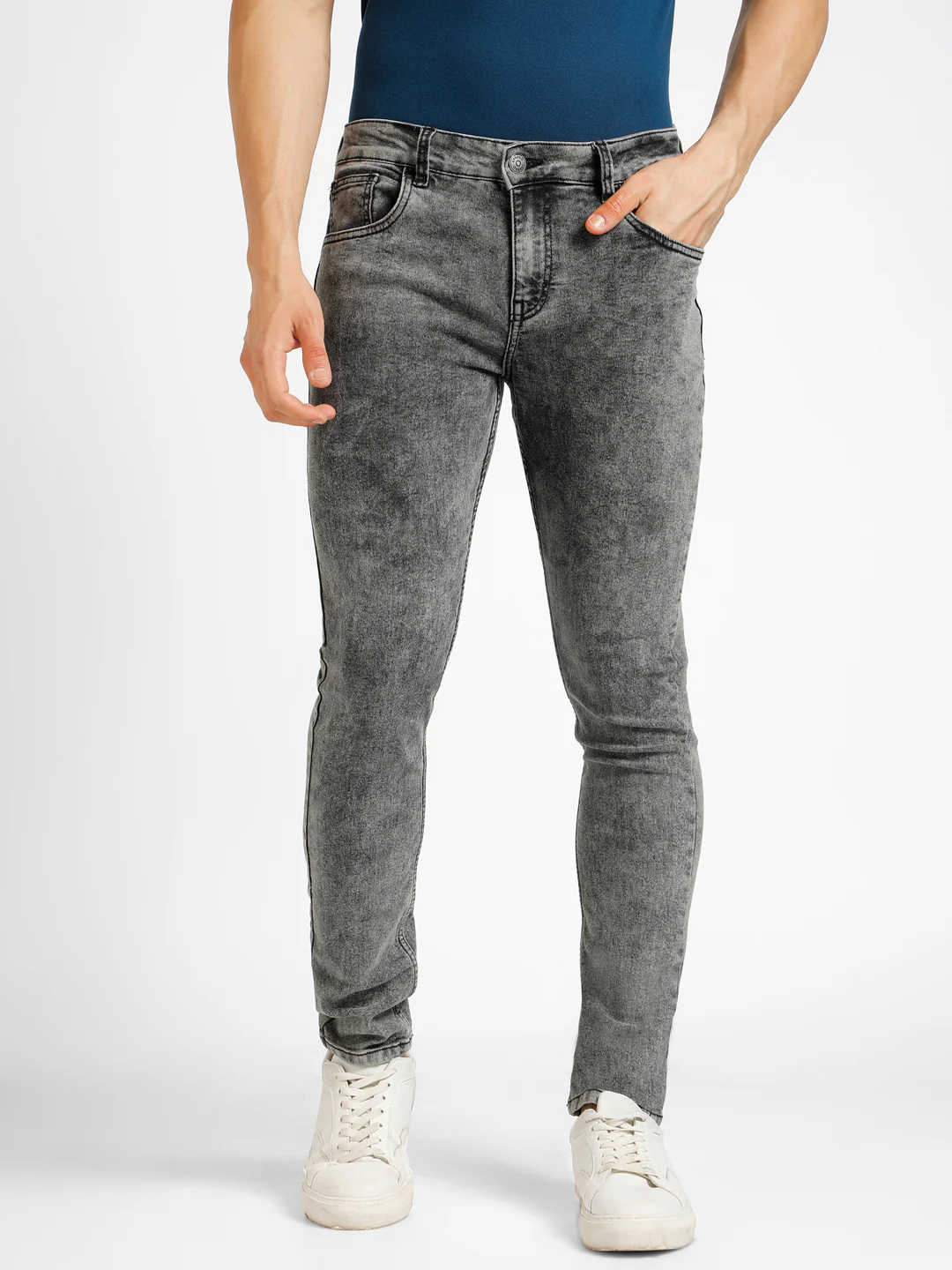 Men's Dark Grey Regular Fit Washed Jeans Stretchable