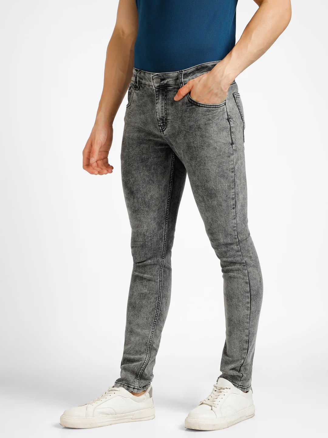 Men's Dark Grey Regular Fit Washed Jeans Stretchable - Image 2