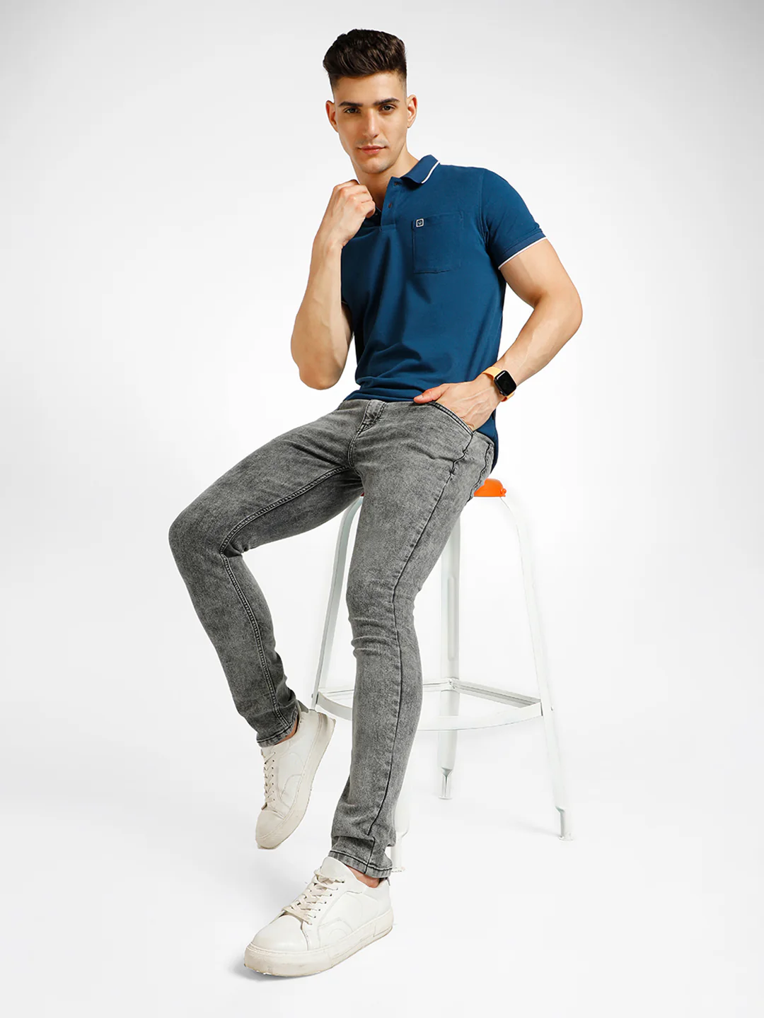 Men's Dark Grey Regular Fit Washed Jeans Stretchable - Image 4