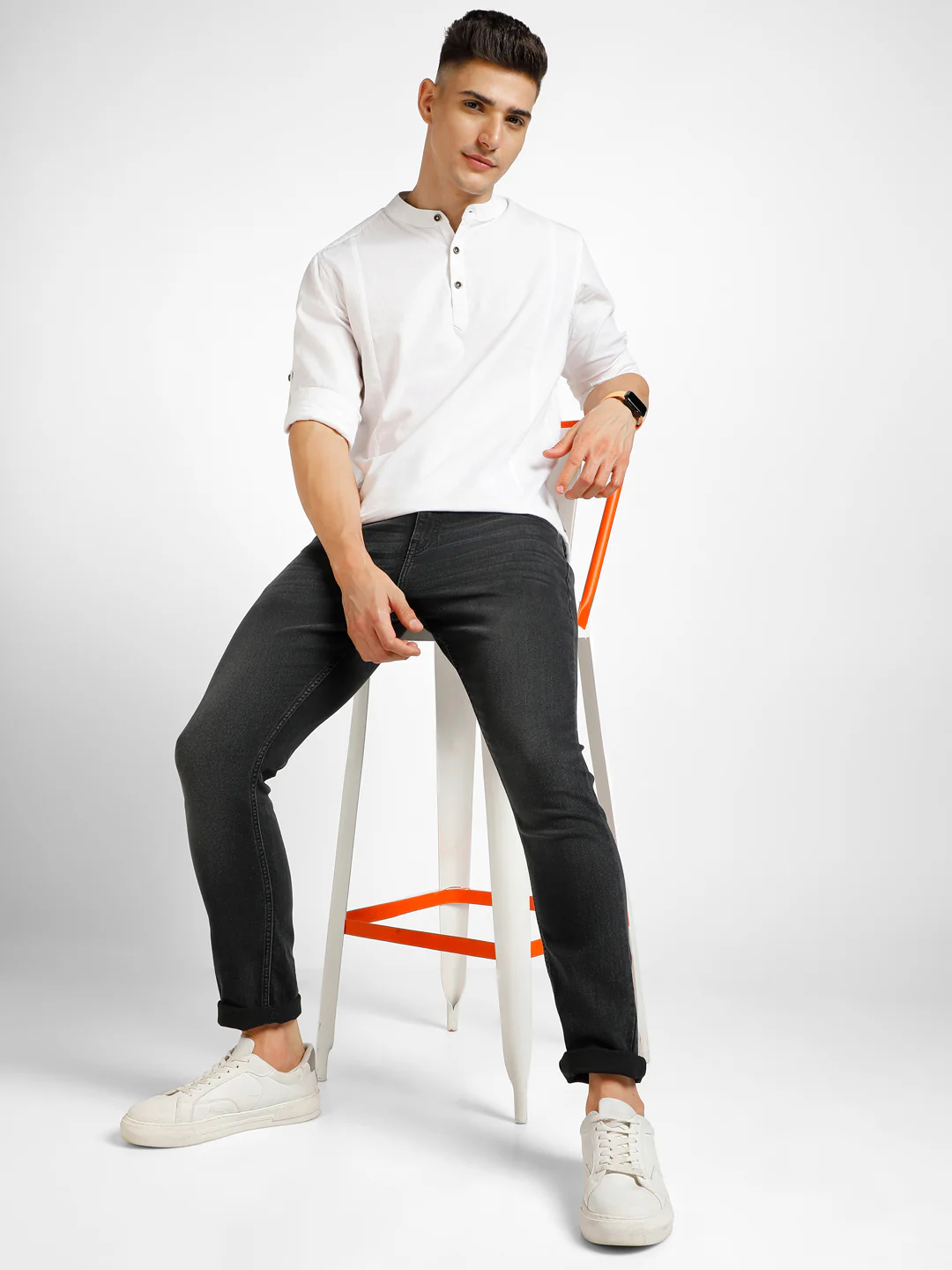 Men's Dark Grey Regular Fit Washed Jeans Stretchable - Image 4