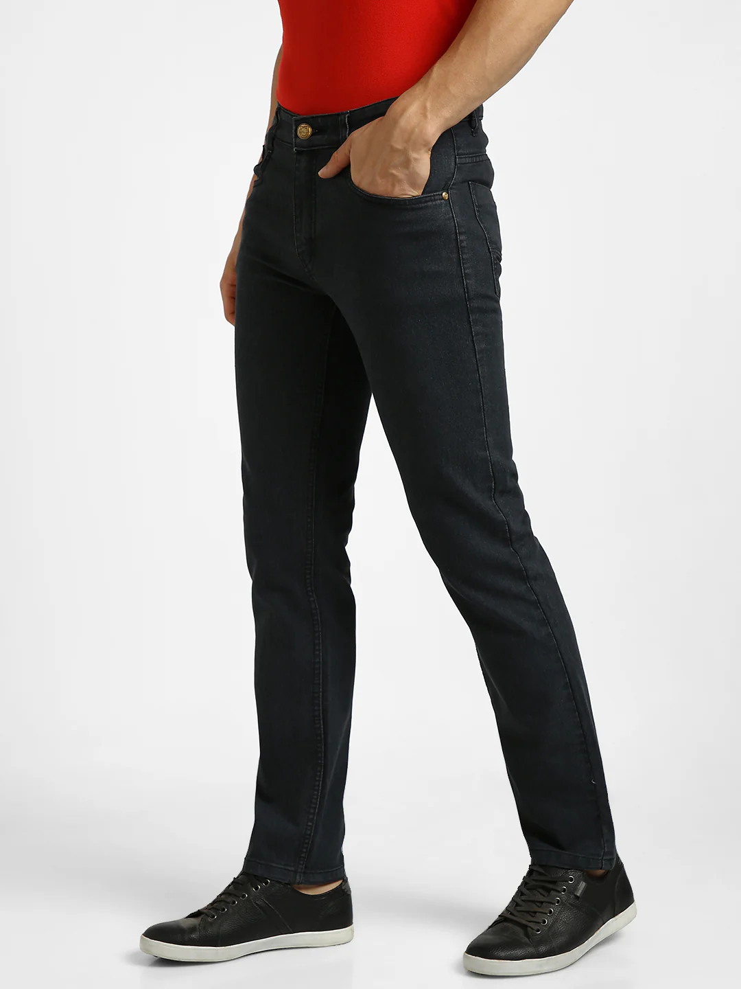 Men's Dark Grey Regular Fit Washed Jeans Stretchable - Image 2