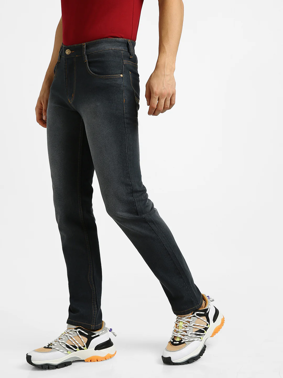 Men's Dark Grey Regular Fit Washed Jeans Stretchable - Image 2