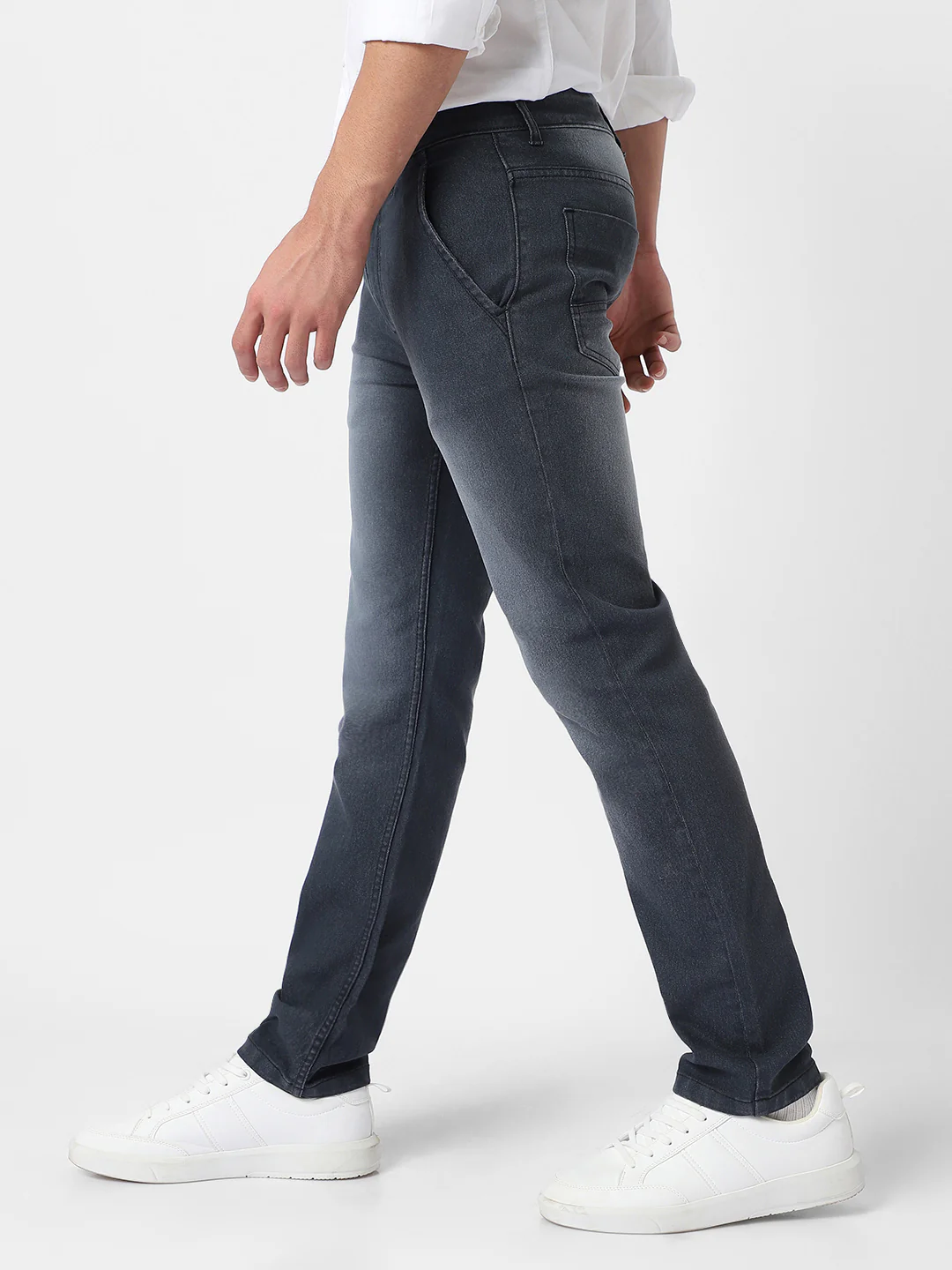 Men's Dark Grey Regular Fit Washed Jeans Stretchable - Image 2