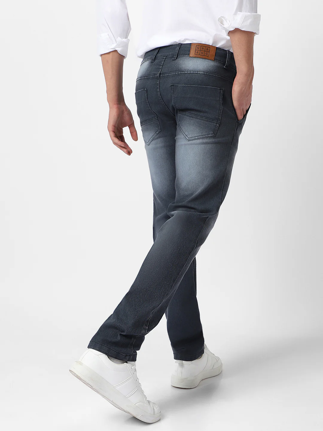 Men's Dark Grey Regular Fit Washed Jeans Stretchable - Image 3