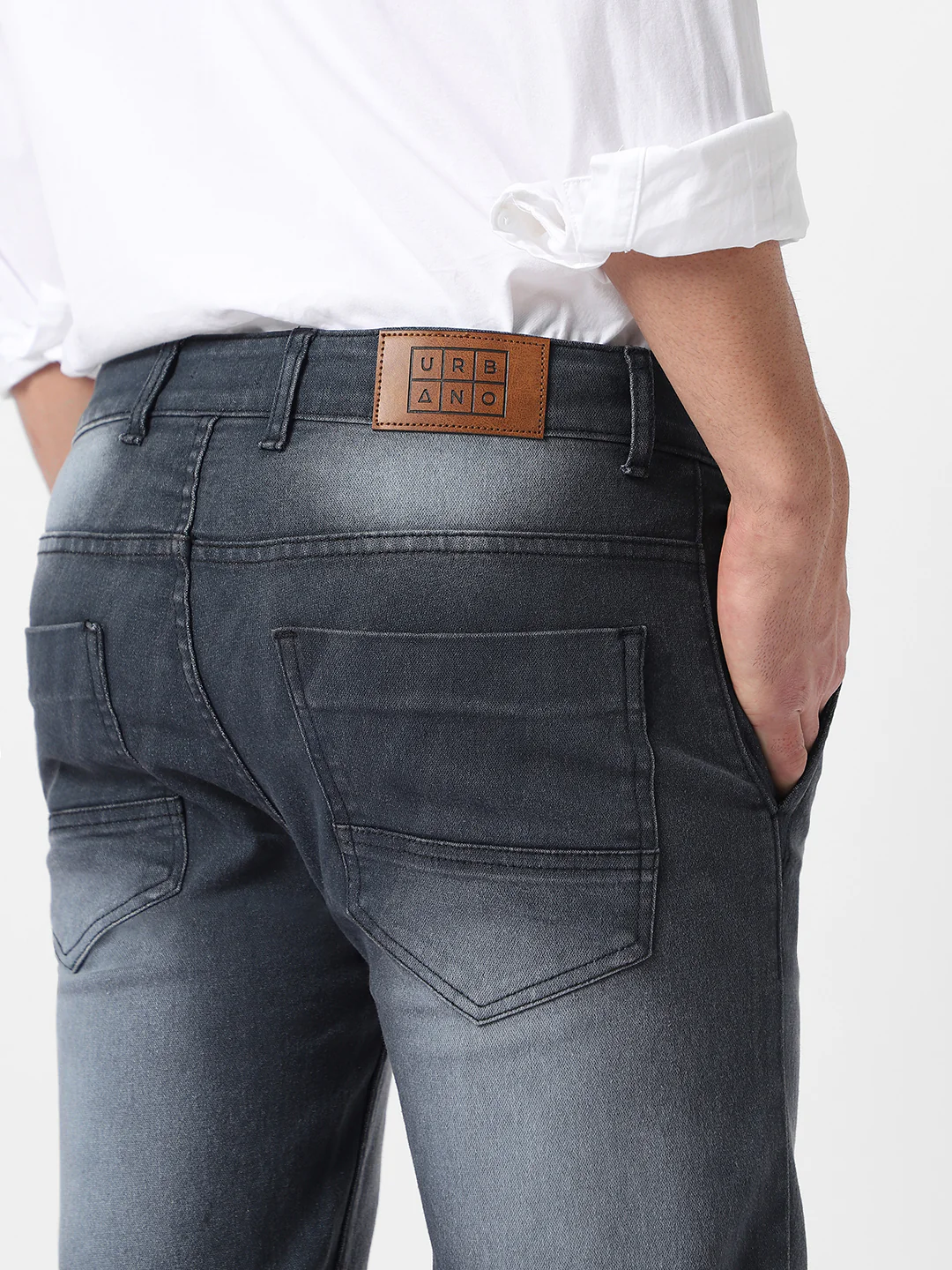 Men's Dark Grey Regular Fit Washed Jeans Stretchable - Image 5