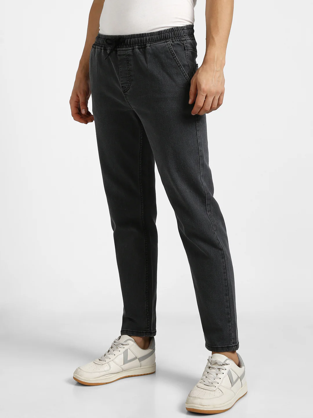 Men's Dark Grey Regular Fit Washed Jogger Jeans Stretchable - Image 3