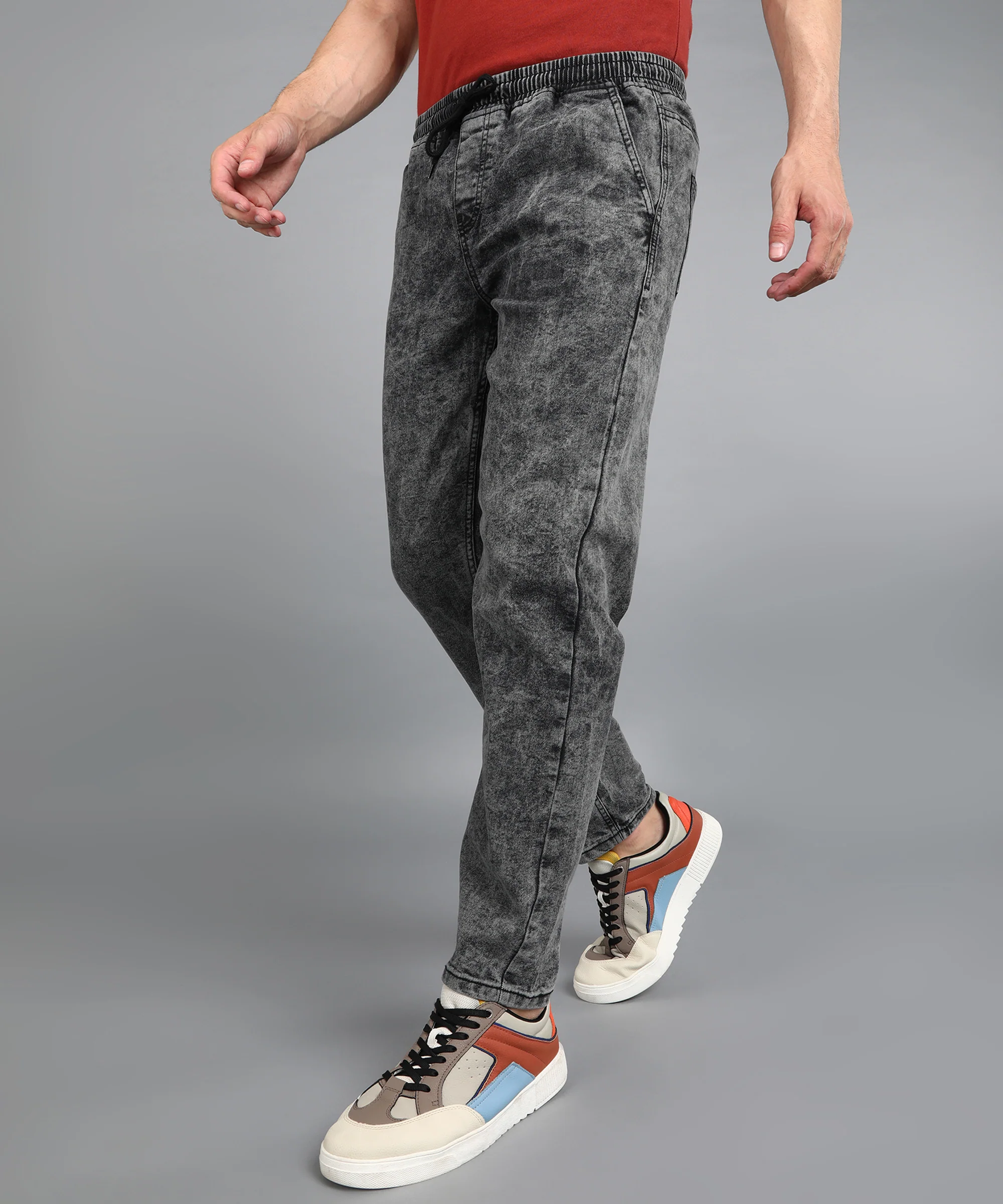 Men's Dark Grey Regular Fit Washed Jogger Jeans Stretchable - Image 2