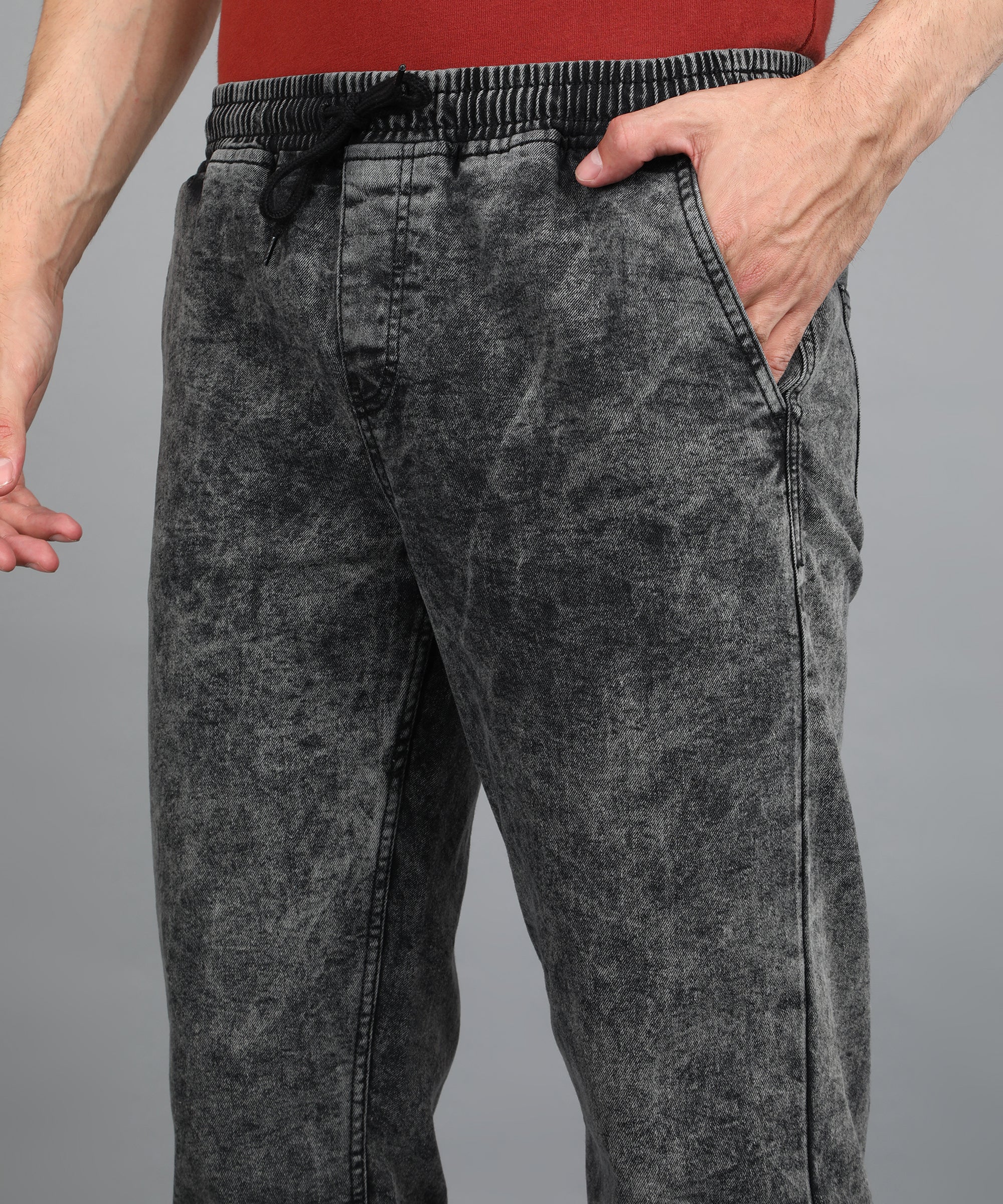 Men's Dark Grey Regular Fit Washed Jogger Jeans Stretchable - Image 5