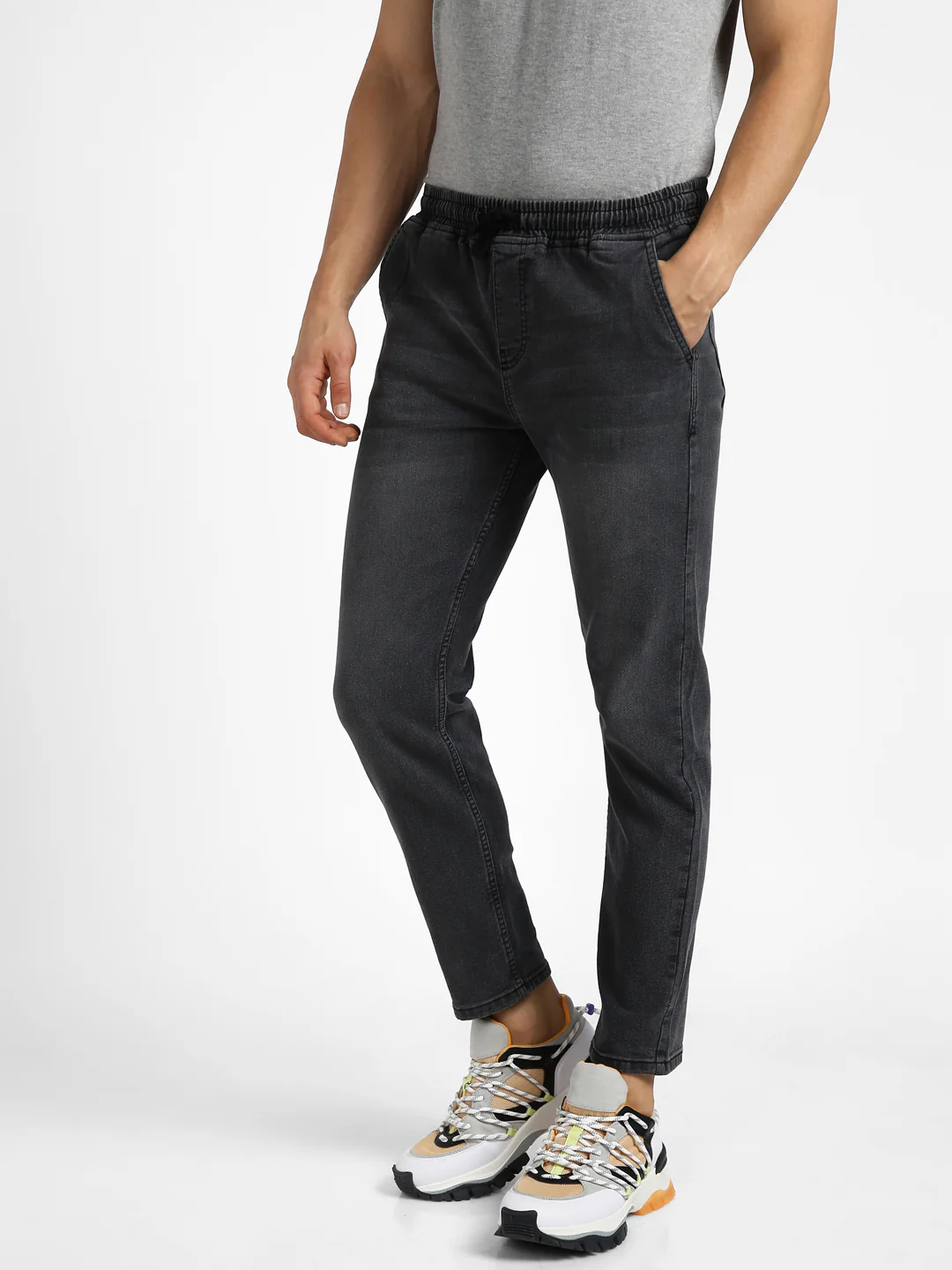Men's Dark Grey Regular Fit Washed Jogger Jeans Stretchable - Image 2