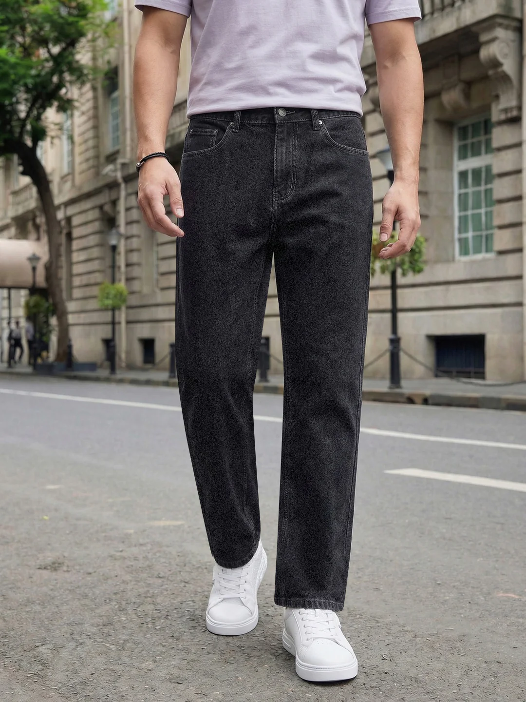 Men's Dark Grey Relaxed Fit Washed Denim Jeans Non-Stretchable
