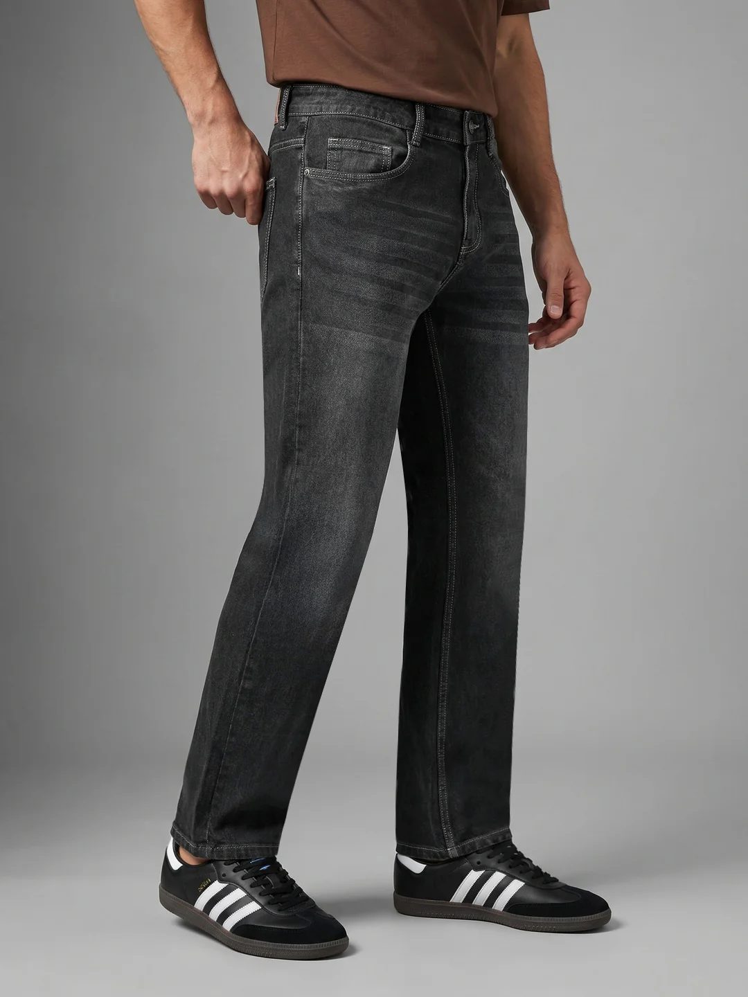Men's Dark Grey Relaxed Fit Washed Denim Jeans Non-Stretchable - Image 2