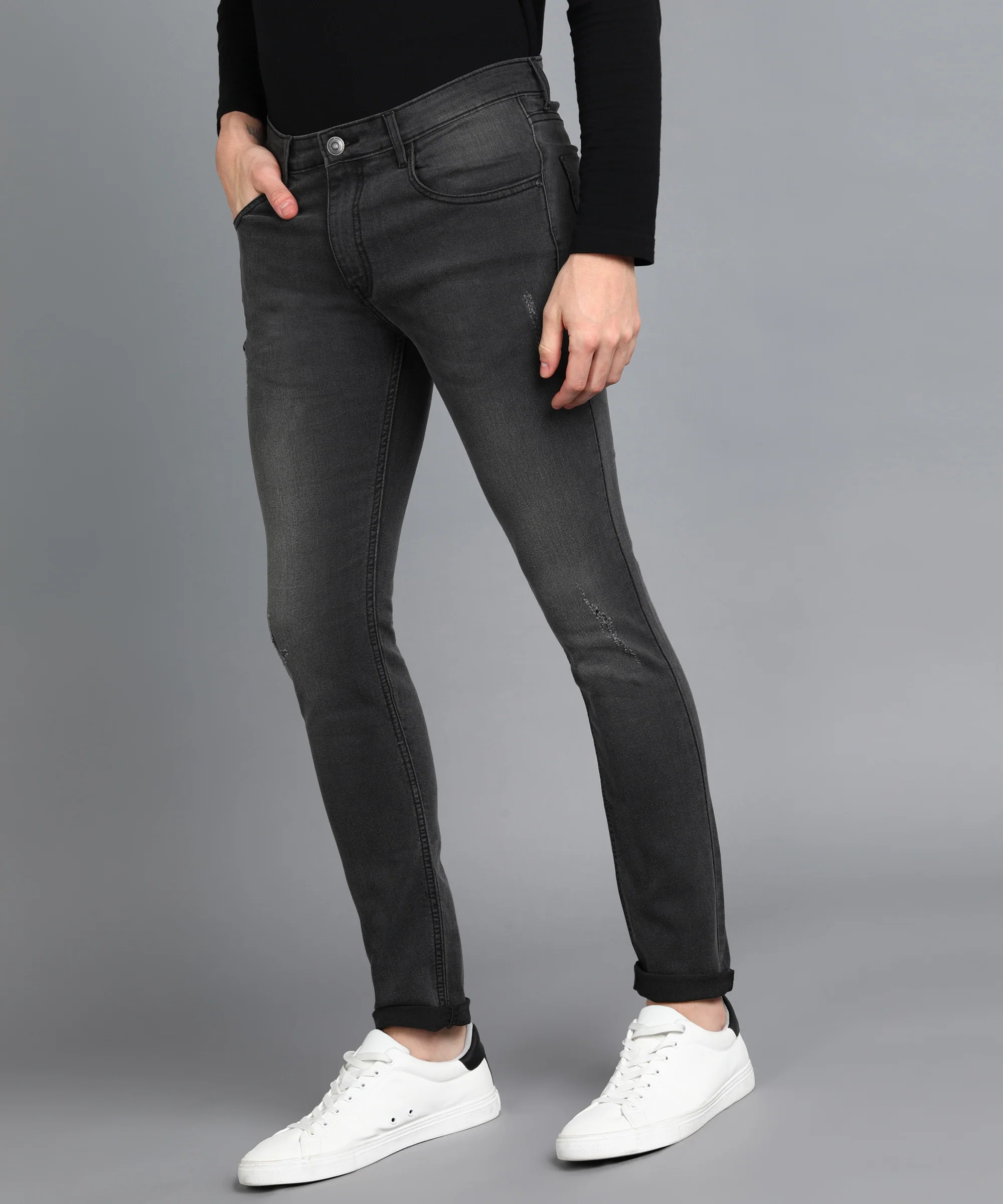 Men's Dark Grey Skinny Fit Washed Mild Distressed/Torn Jeans Stretchable - Image 2