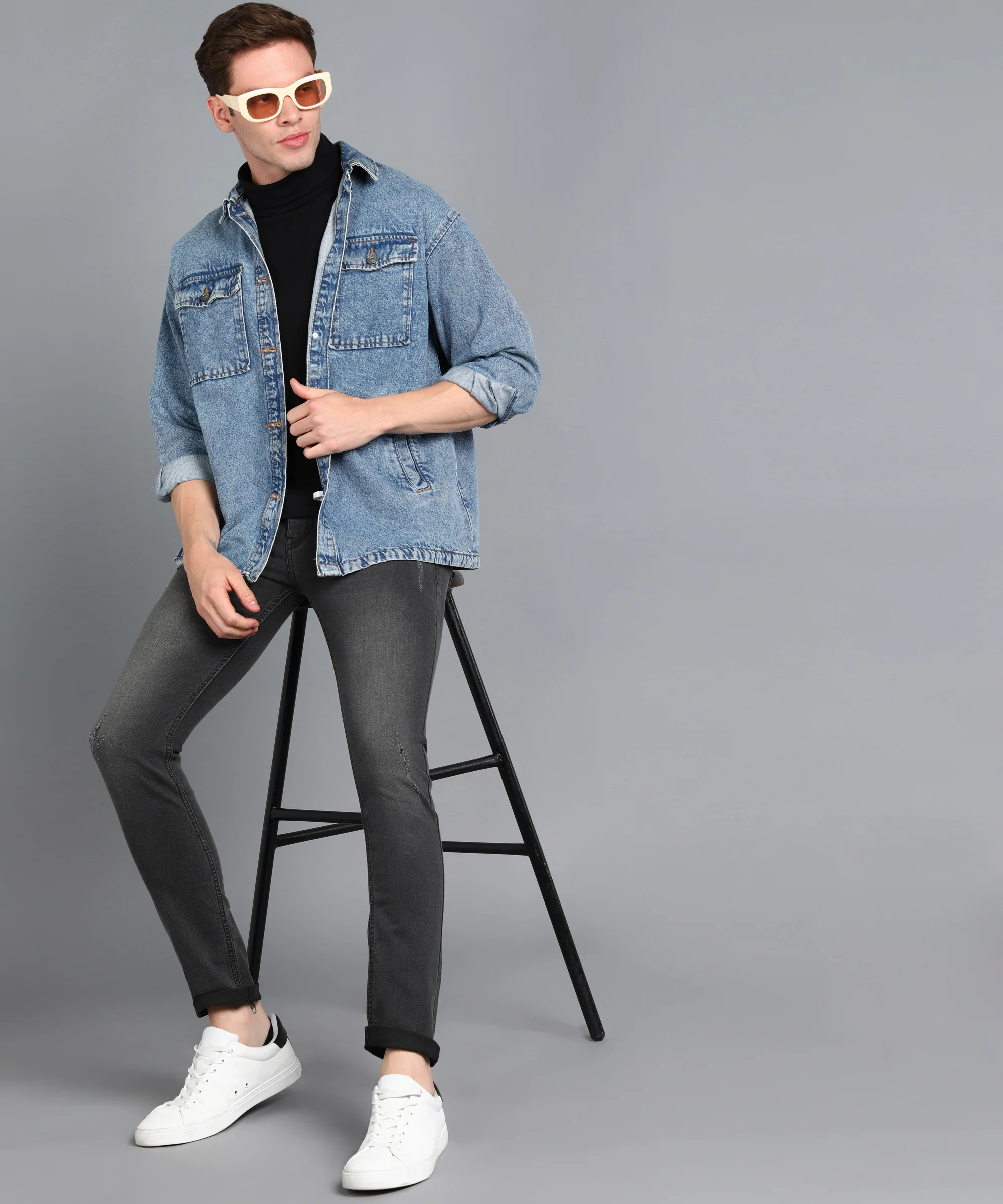 Men's Dark Grey Skinny Fit Washed Mild Distressed/Torn Jeans Stretchable - Image 4