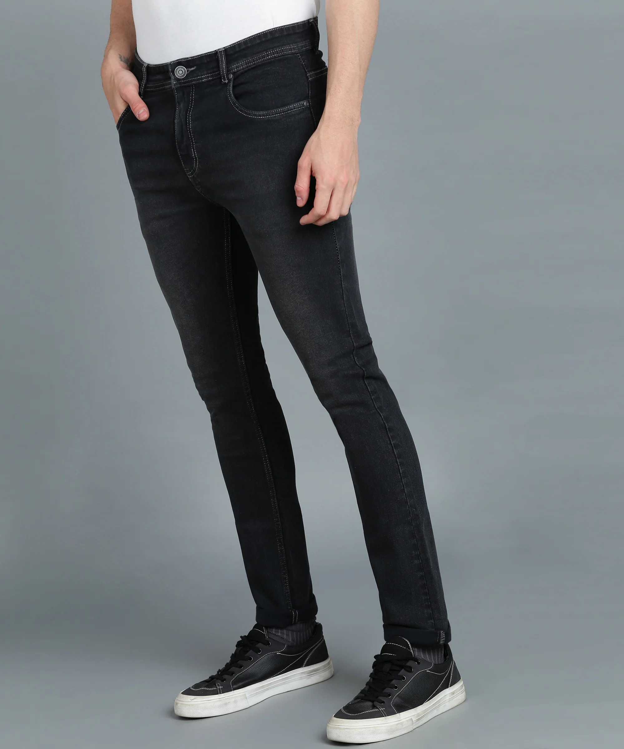 Men's Dark Grey Slim Fit Washed Jeans Stretchable - Image 2