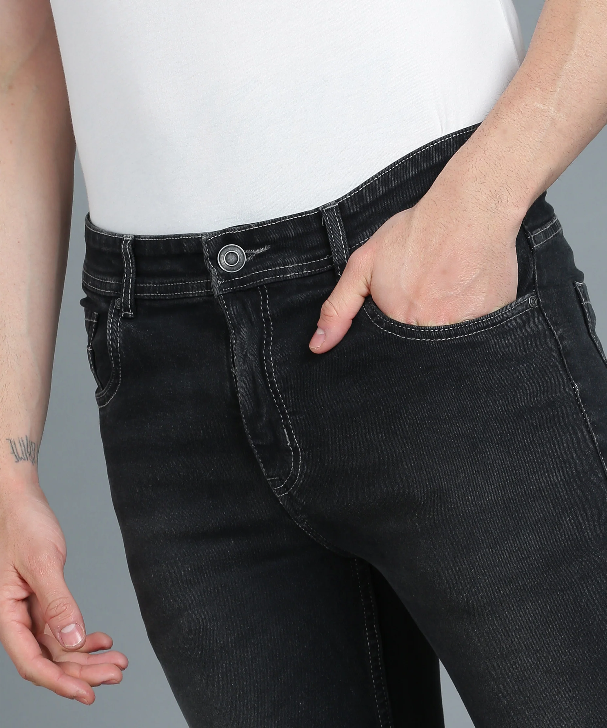 Men's Dark Grey Slim Fit Washed Jeans Stretchable - Image 5