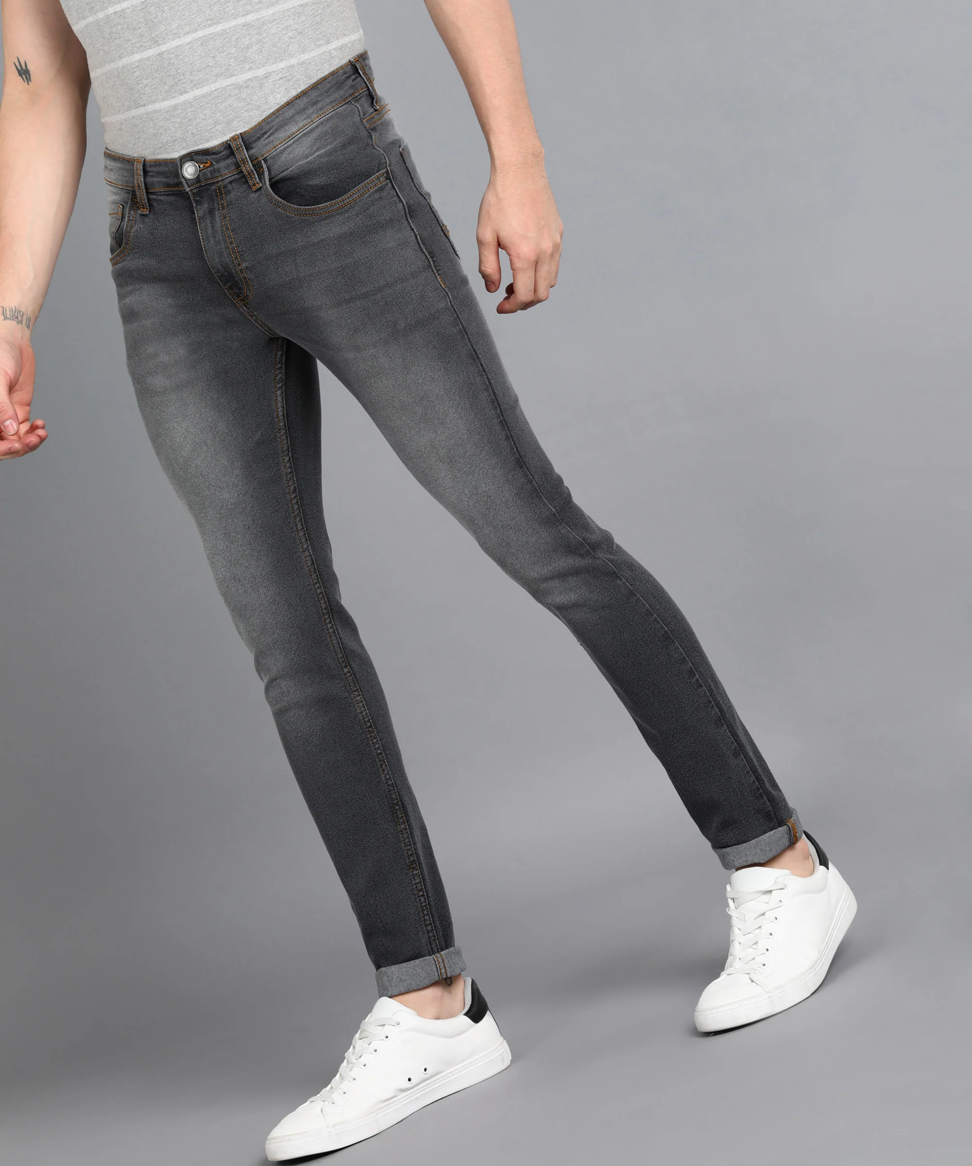 Men's Dark Grey Slim Fit Washed Jeans Stretchable - Image 2