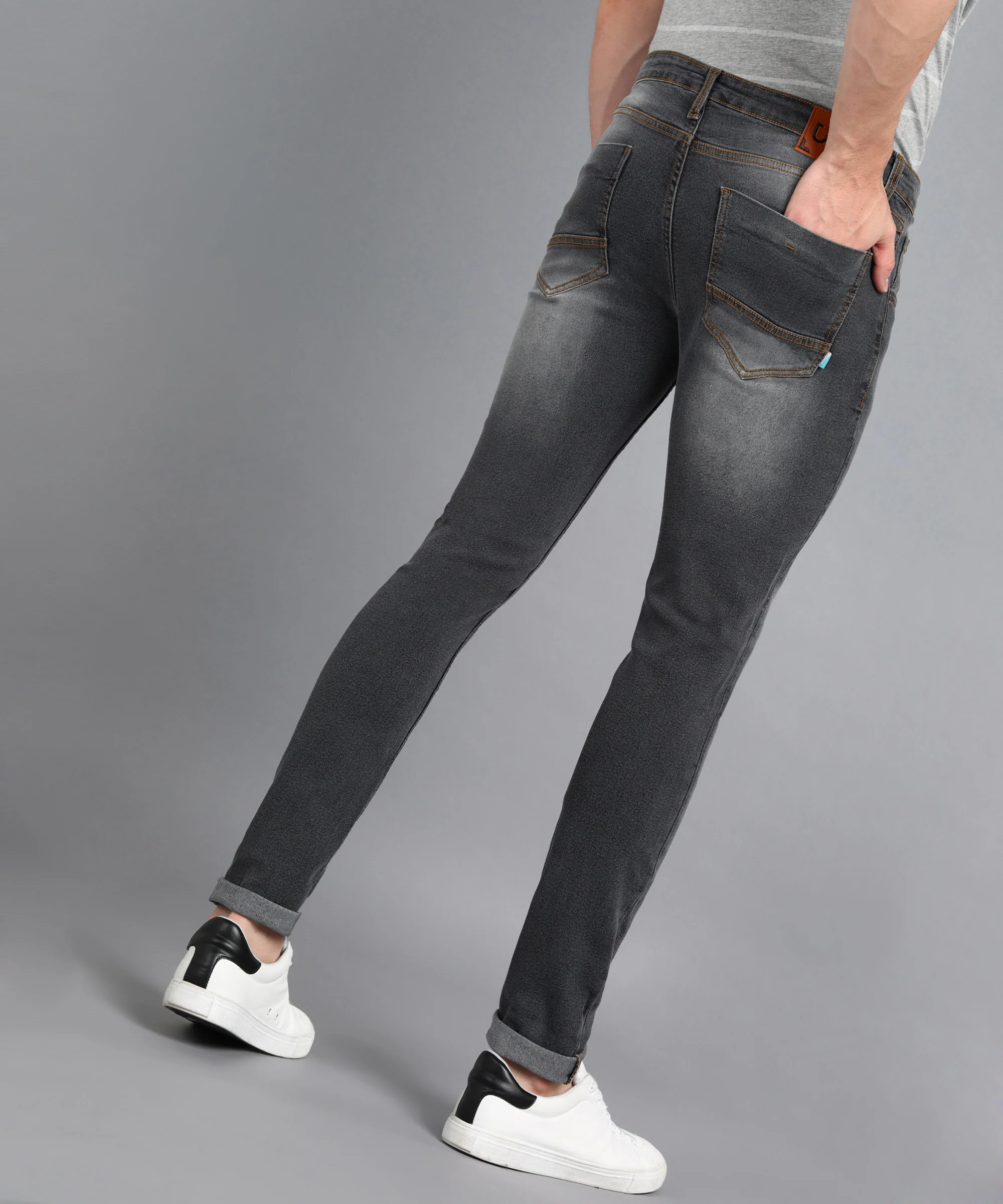 Men's Dark Grey Slim Fit Washed Jeans Stretchable - Image 3
