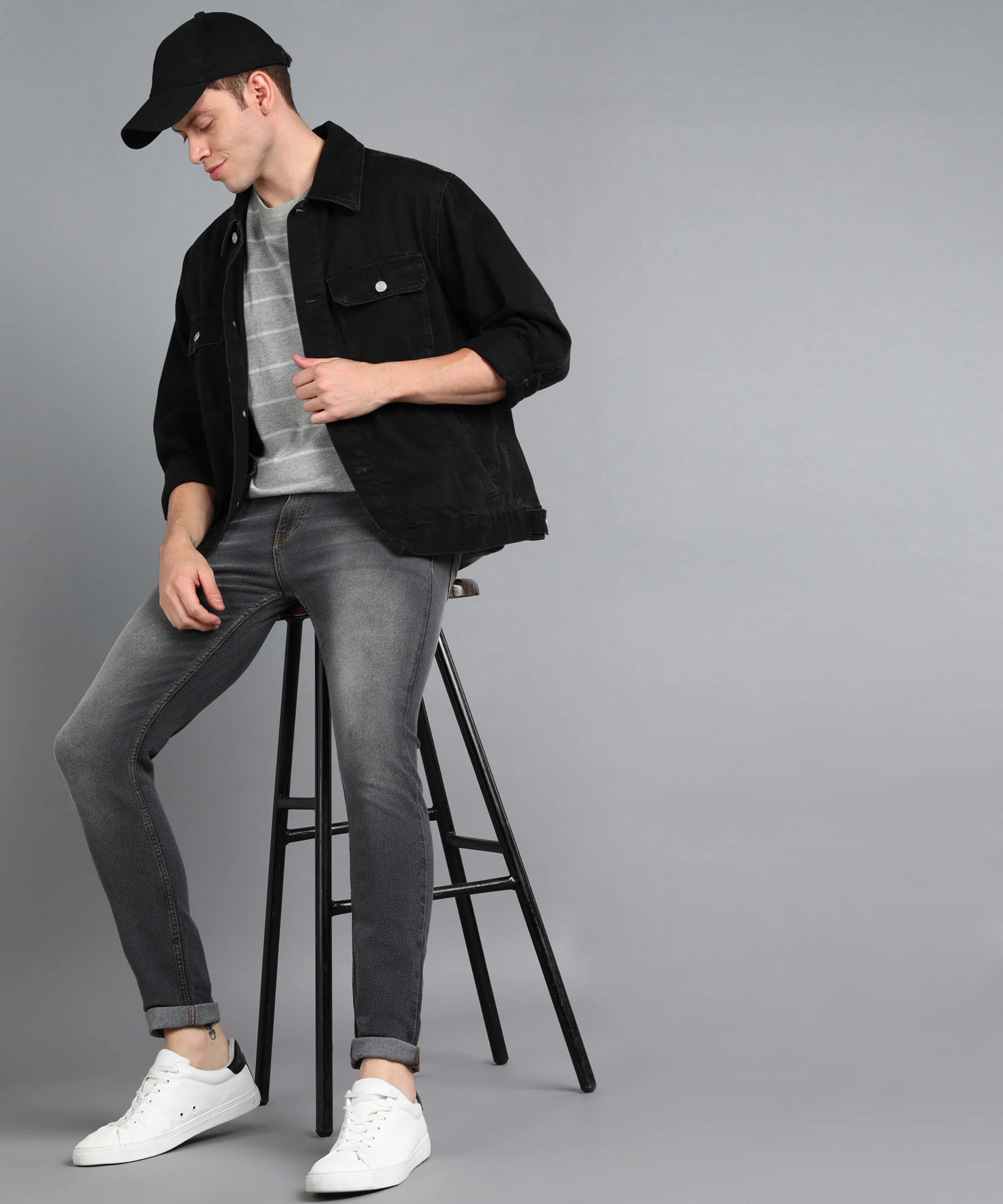Men's Dark Grey Slim Fit Washed Jeans Stretchable - Image 4