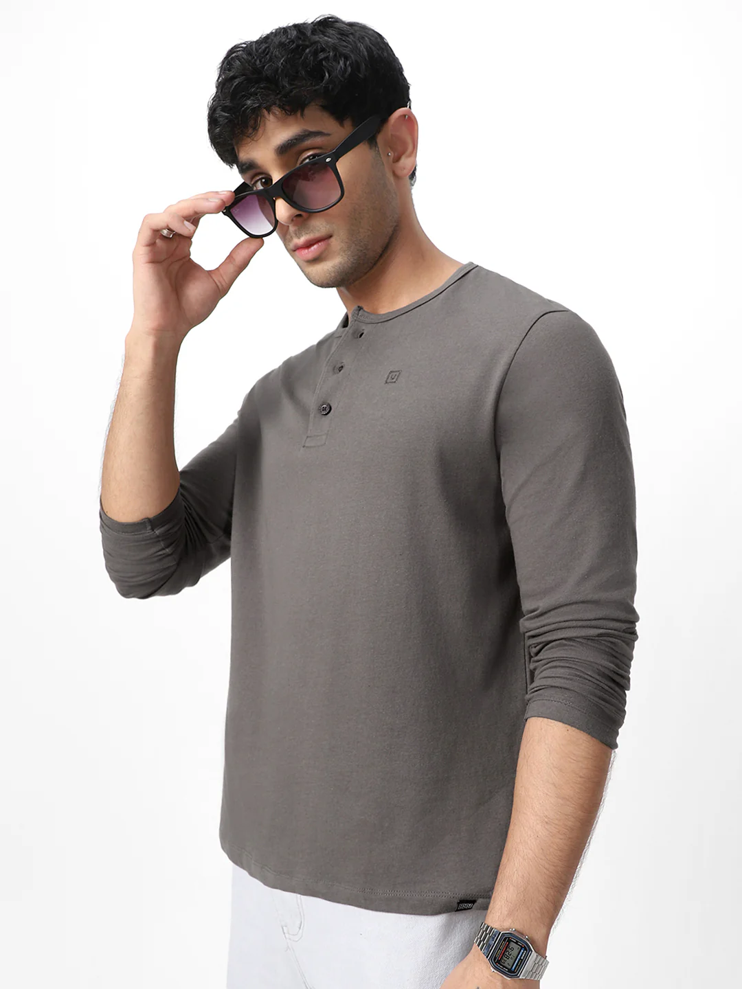 Men's Dark Grey Solid Henley Neck Slim Fit Full Sleeve Cotton T-Shirt - Image 2