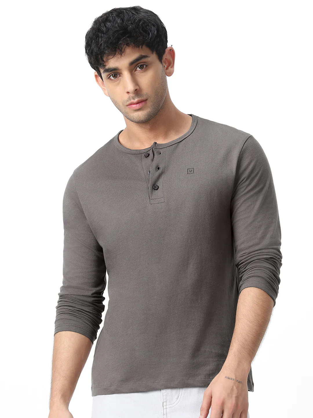 Men's Dark Grey Solid Henley Neck Slim Fit Full Sleeve Cotton T-Shirt - Image 3