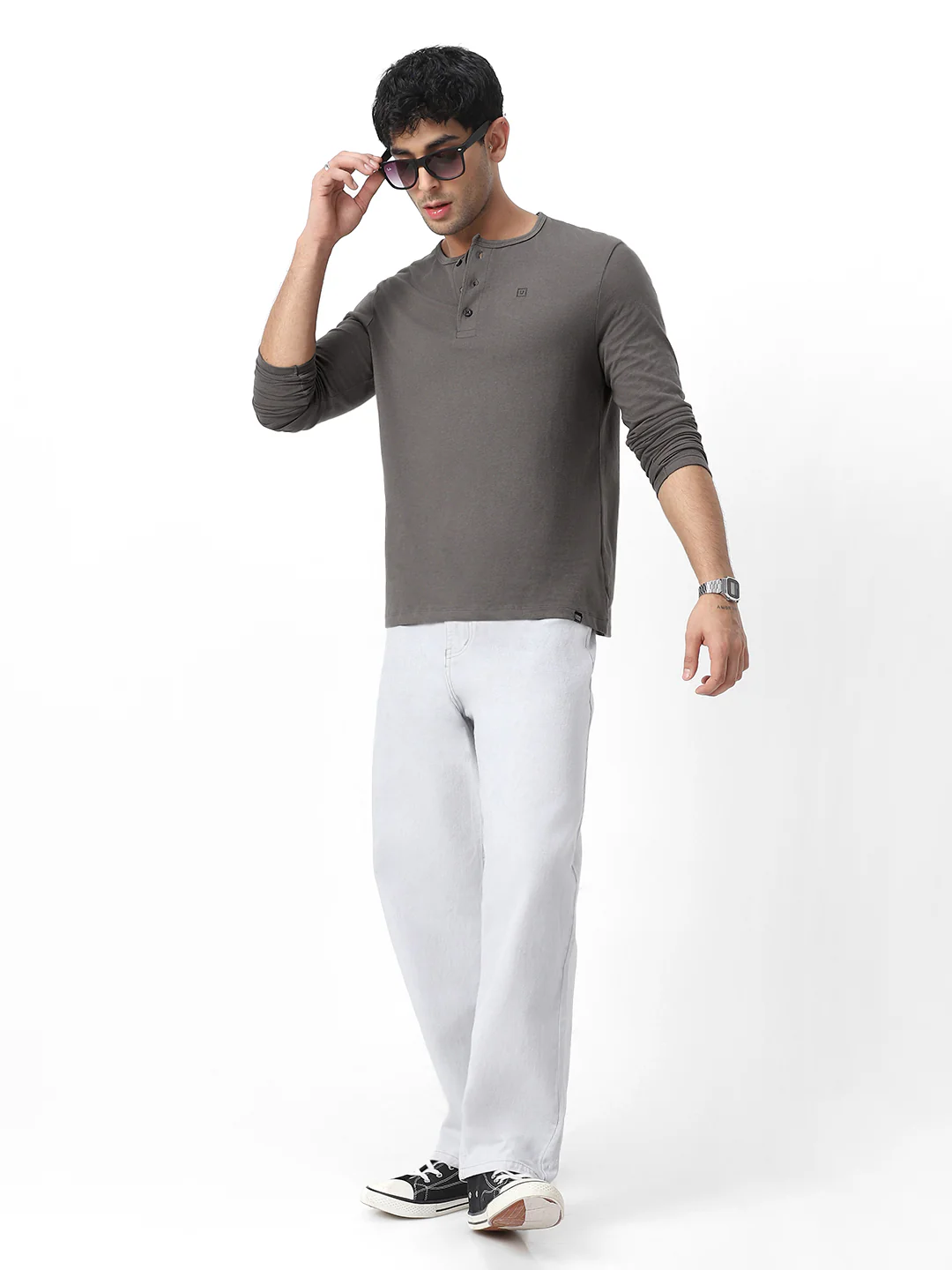 Men's Dark Grey Solid Henley Neck Slim Fit Full Sleeve Cotton T-Shirt - Image 5