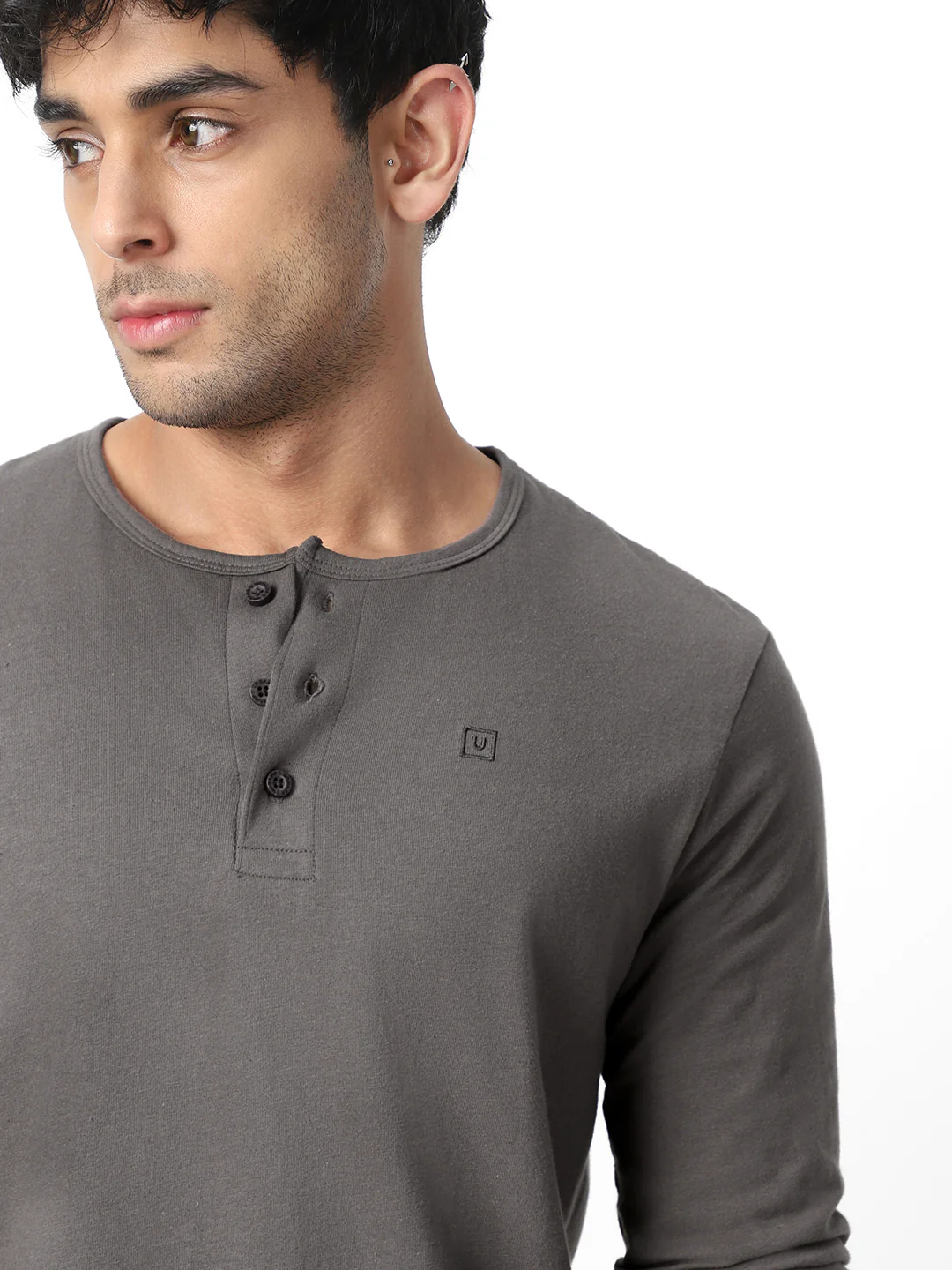 Men's Dark Grey Solid Henley Neck Slim Fit Full Sleeve Cotton T-Shirt - Image 6