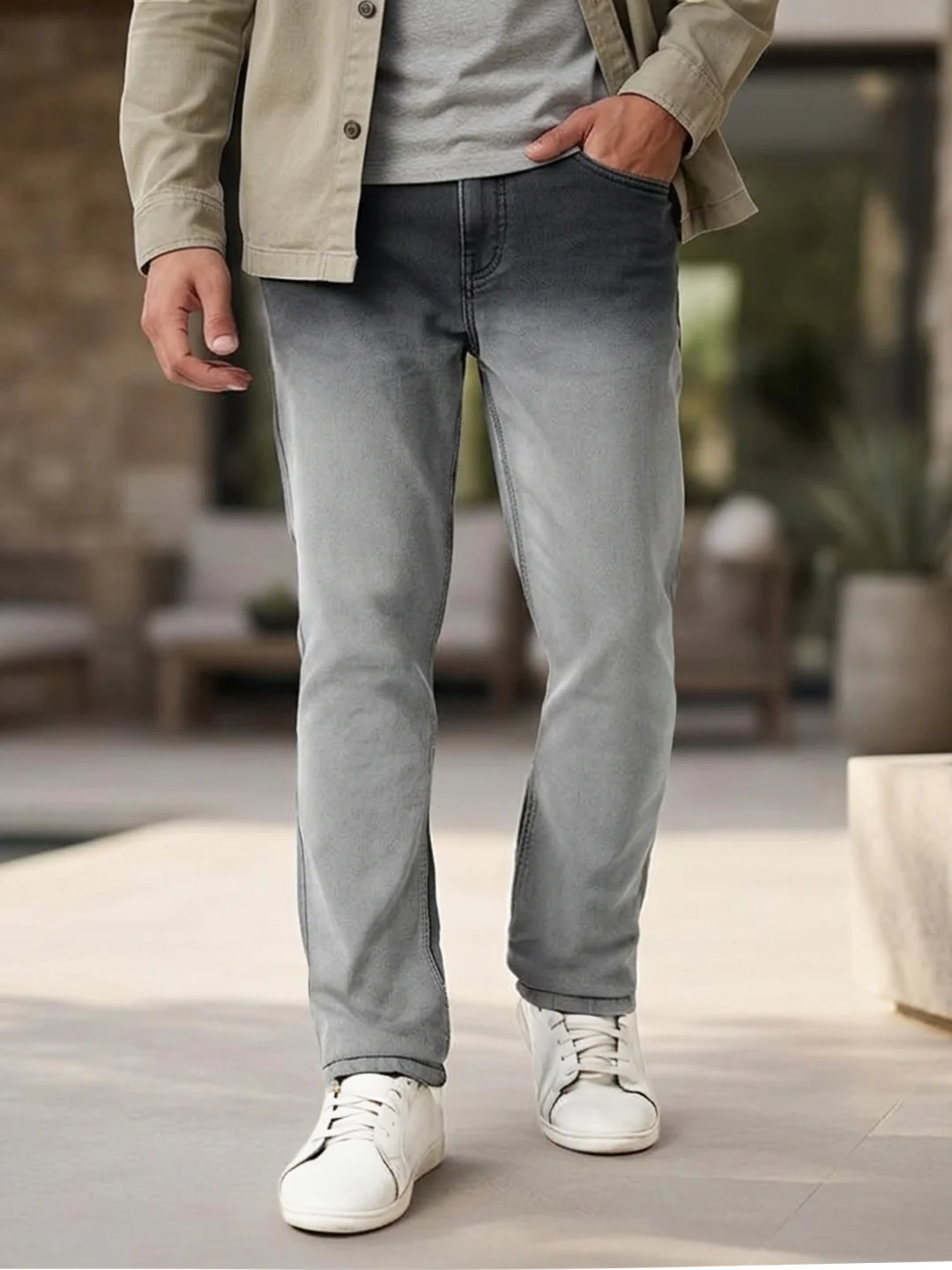 Men's Dark Grey Straight Fit Heavy Washed Faded Denim Jeans Stretchable