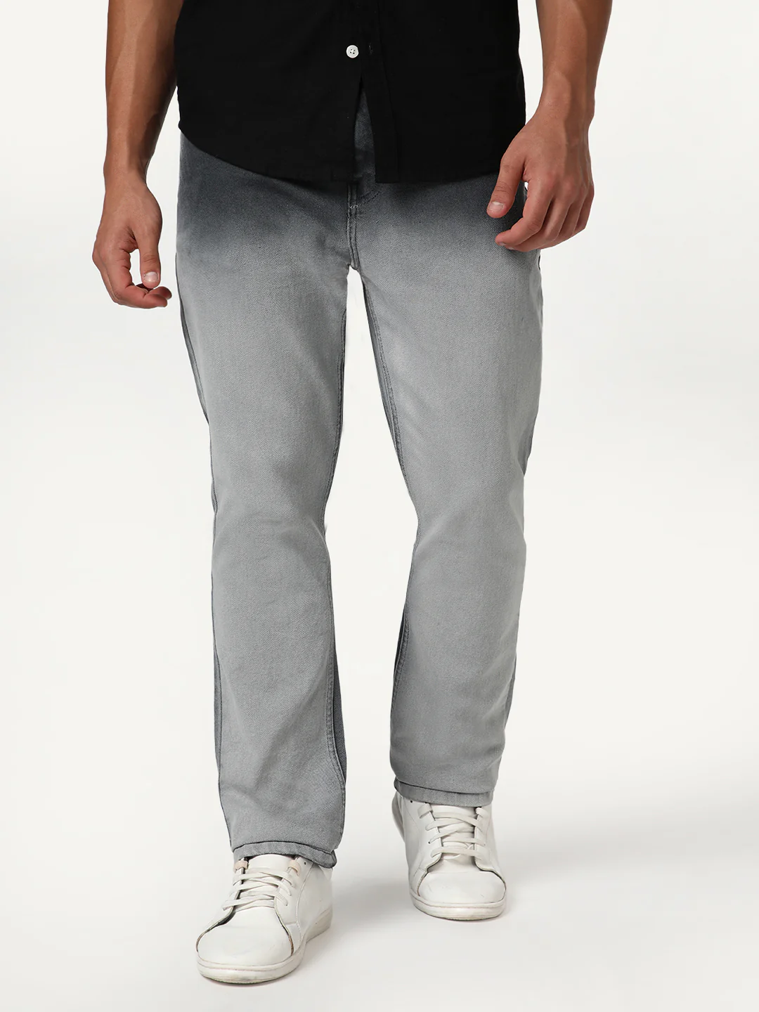 Men's Dark Grey Straight Fit Heavy Washed Faded Denim Jeans Stretchable - Image 2