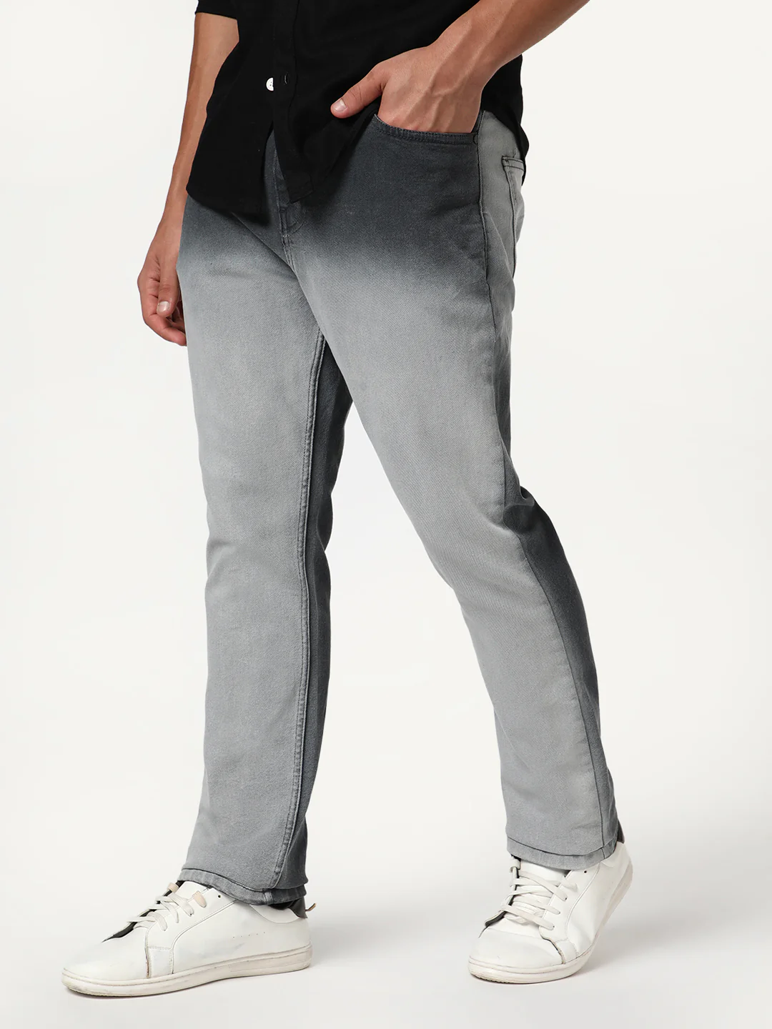 Men's Dark Grey Straight Fit Heavy Washed Faded Denim Jeans Stretchable - Image 3