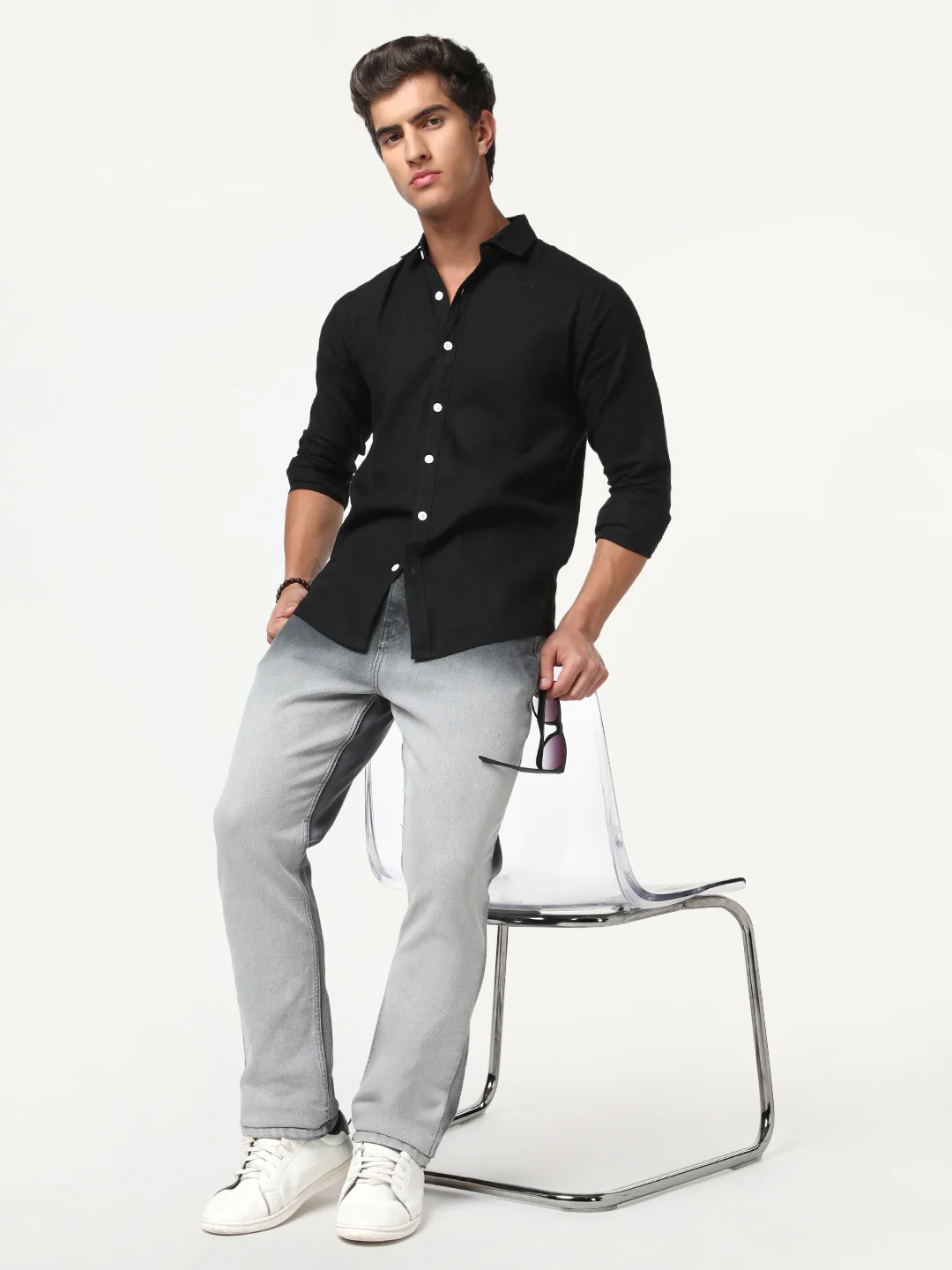 Men's Dark Grey Straight Fit Heavy Washed Faded Denim Jeans Stretchable - Image 5