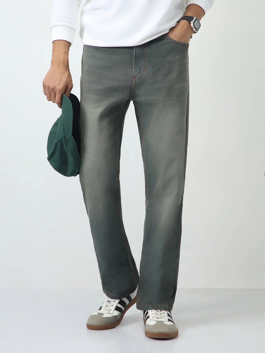 Men's Dark Grey Straight Fit Heavy Washed Jeans Stretchable - Image 2
