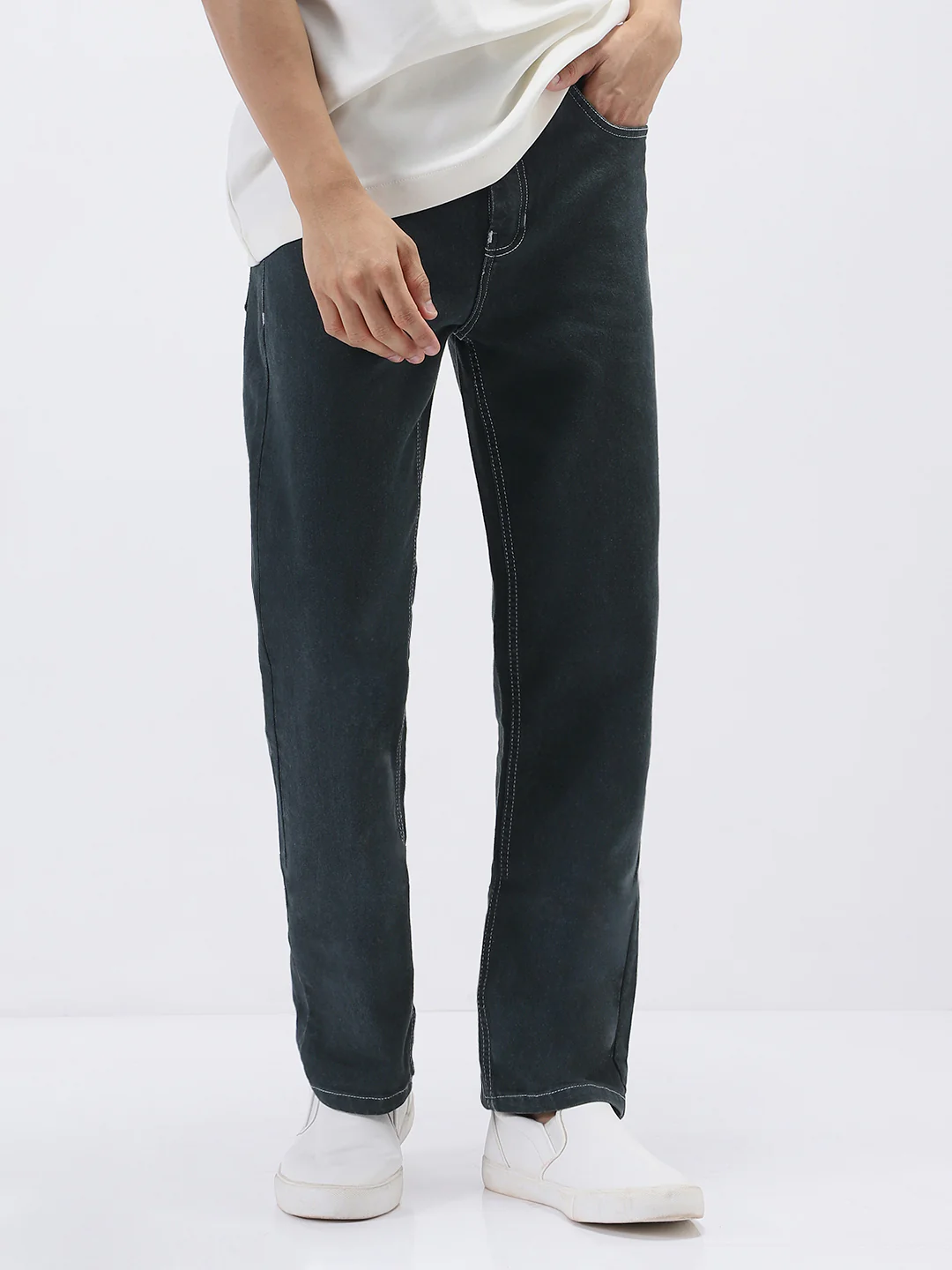 Men's Dark Grey Straight Fit Washed Jeans Stretchable - Image 2