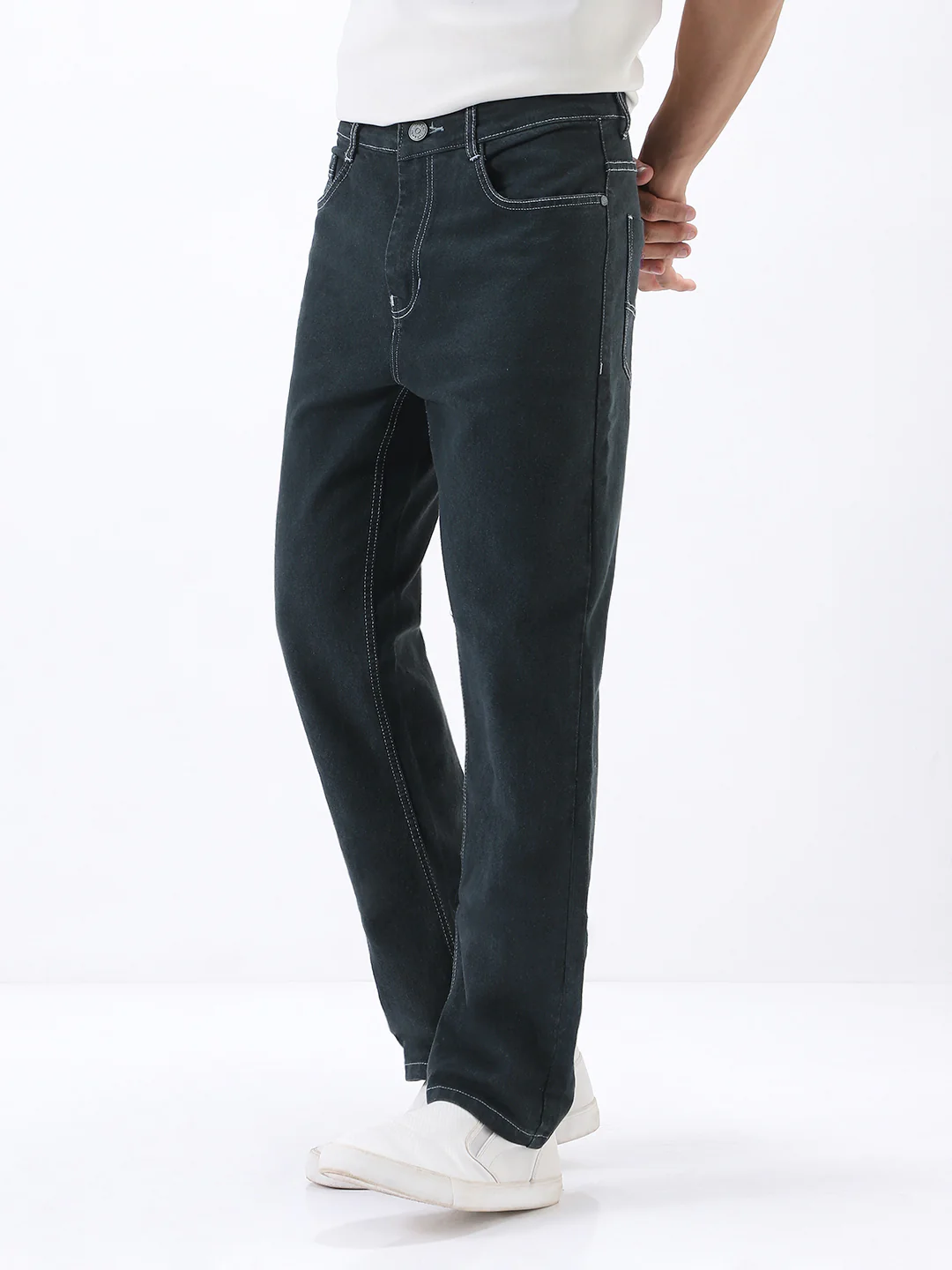Men's Dark Grey Straight Fit Washed Jeans Stretchable - Image 3