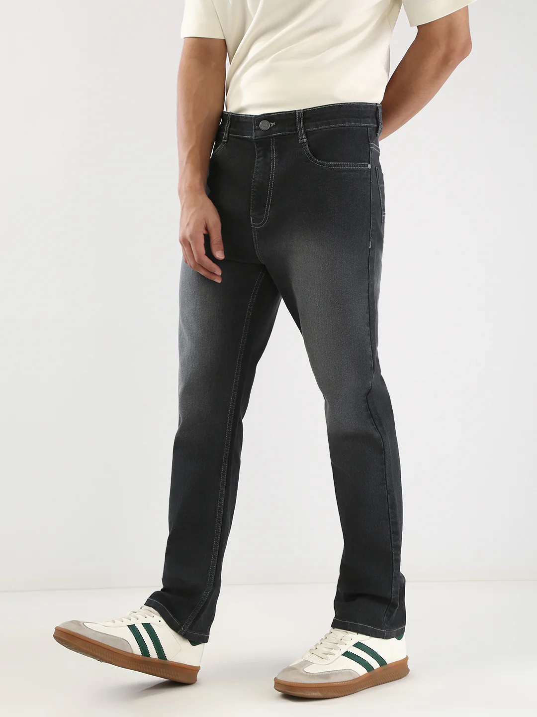 Men's Dark Grey Straight Fit Washed Jeans Stretchable - Image 2
