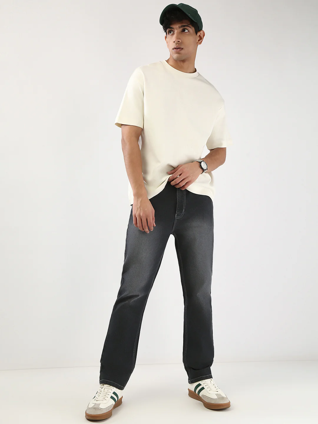 Men's Dark Grey Straight Fit Washed Jeans Stretchable - Image 4