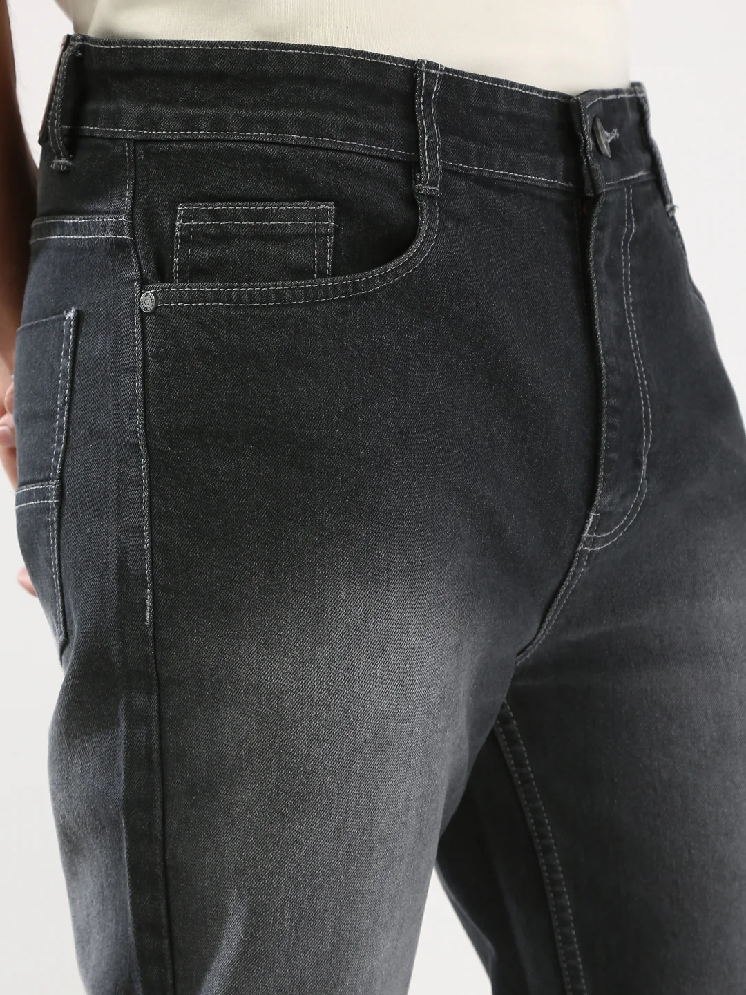 Men's Dark Grey Straight Fit Washed Jeans Stretchable - Image 5