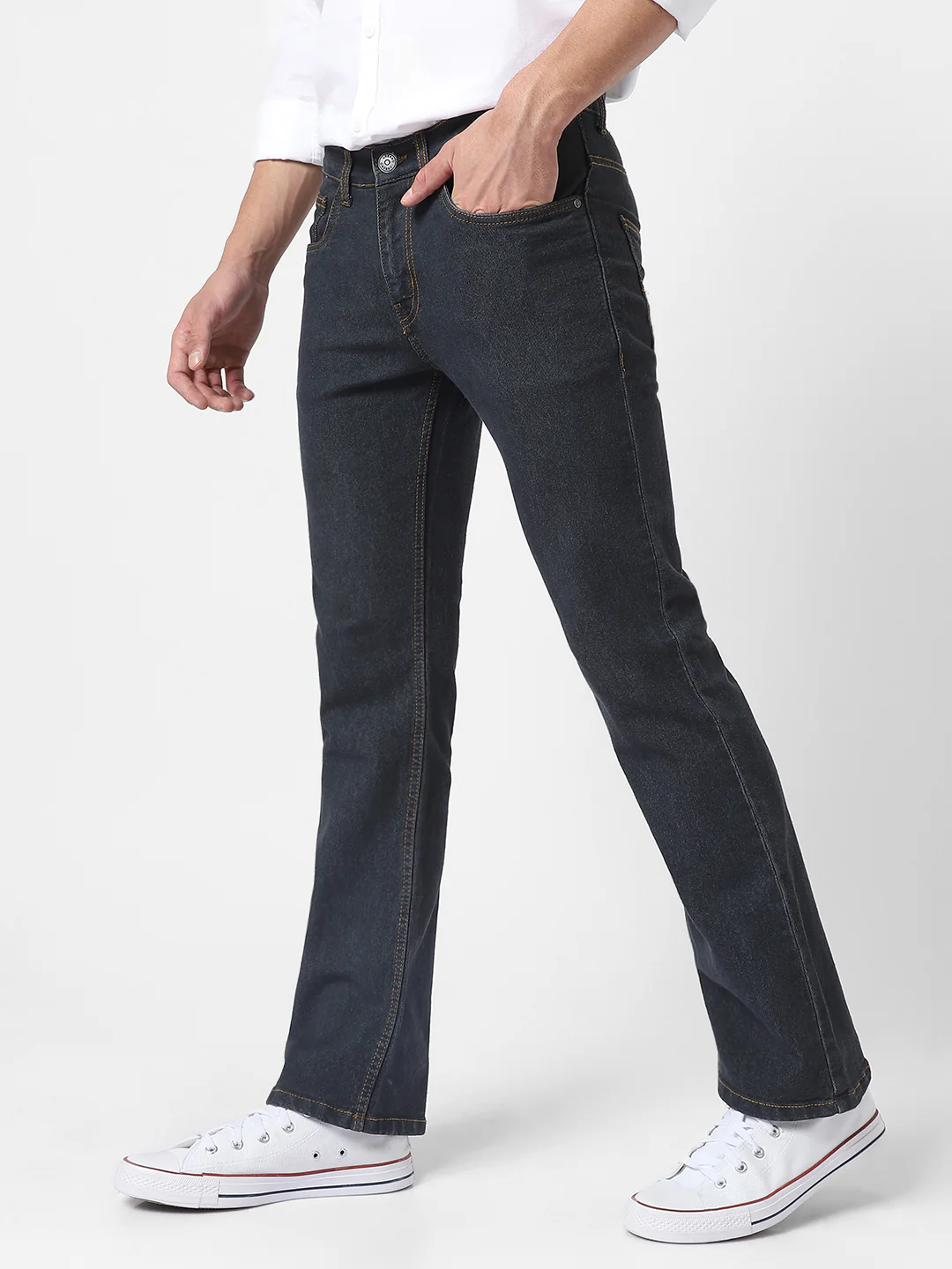 Men's Dark Grey Washed Bootcut Jeans Stretchable - Image 2