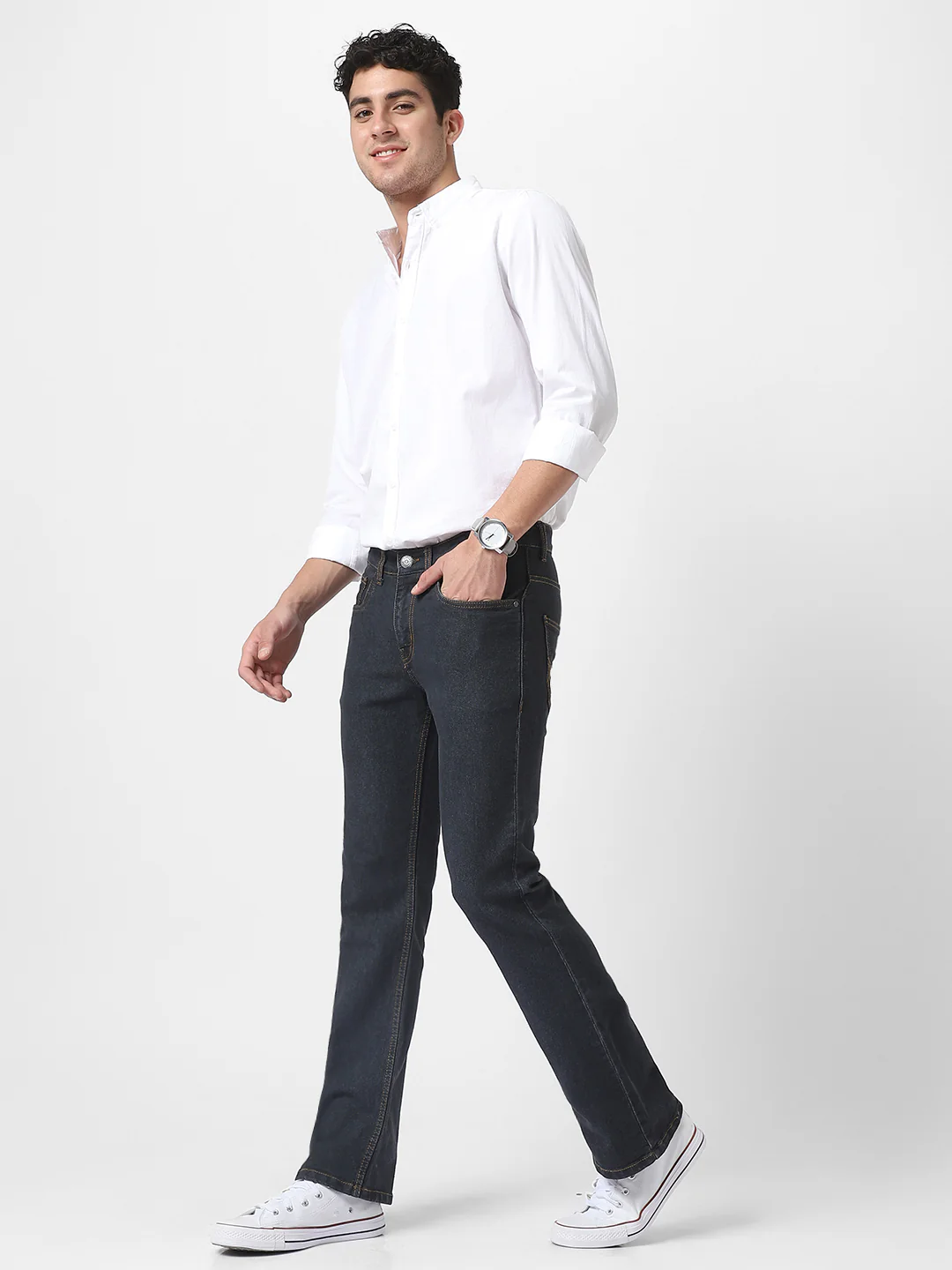 Men's Dark Grey Washed Bootcut Jeans Stretchable - Image 4