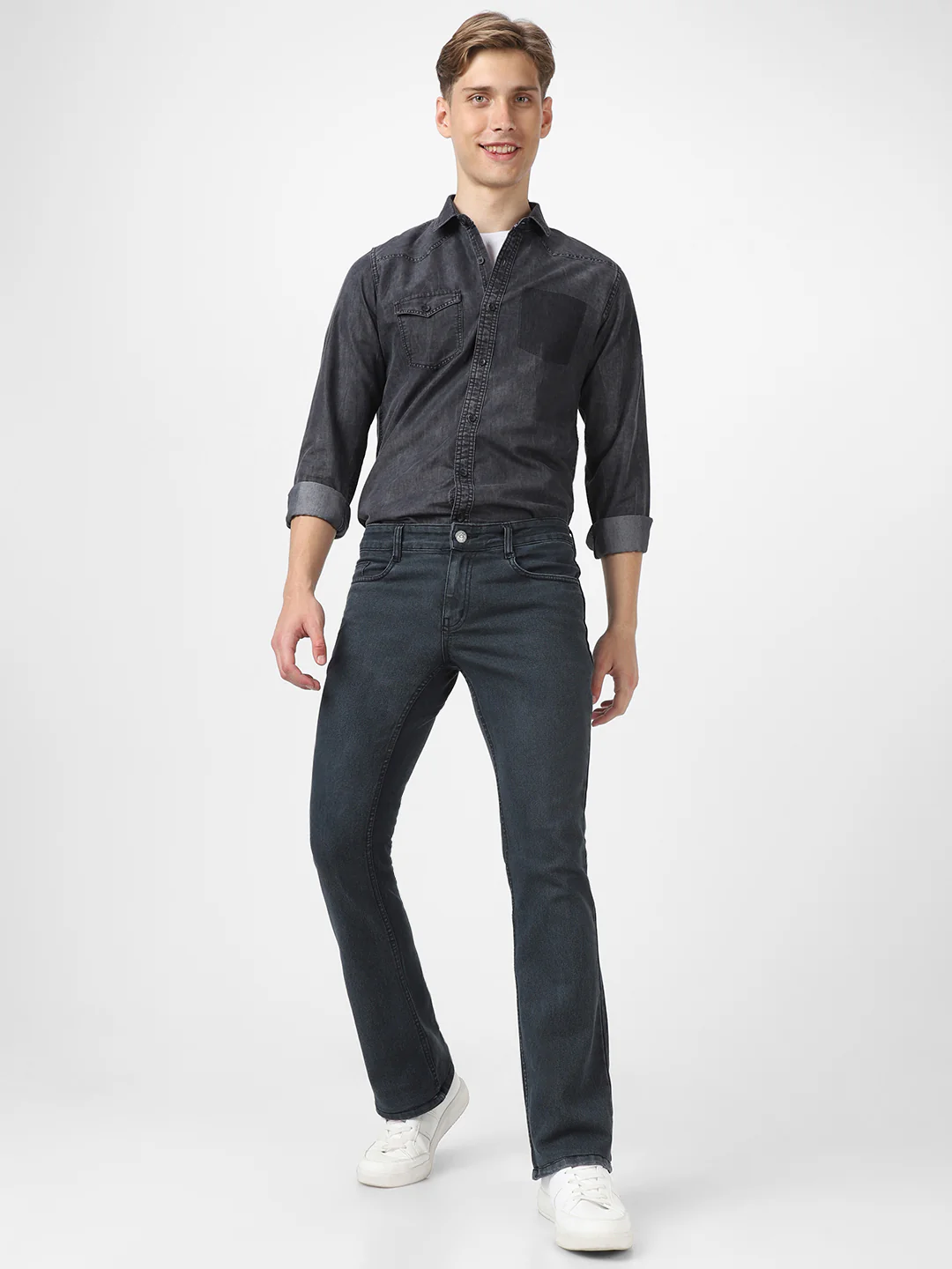 Men's Dark Grey Washed Bootcut Jeans Stretchable - Image 4
