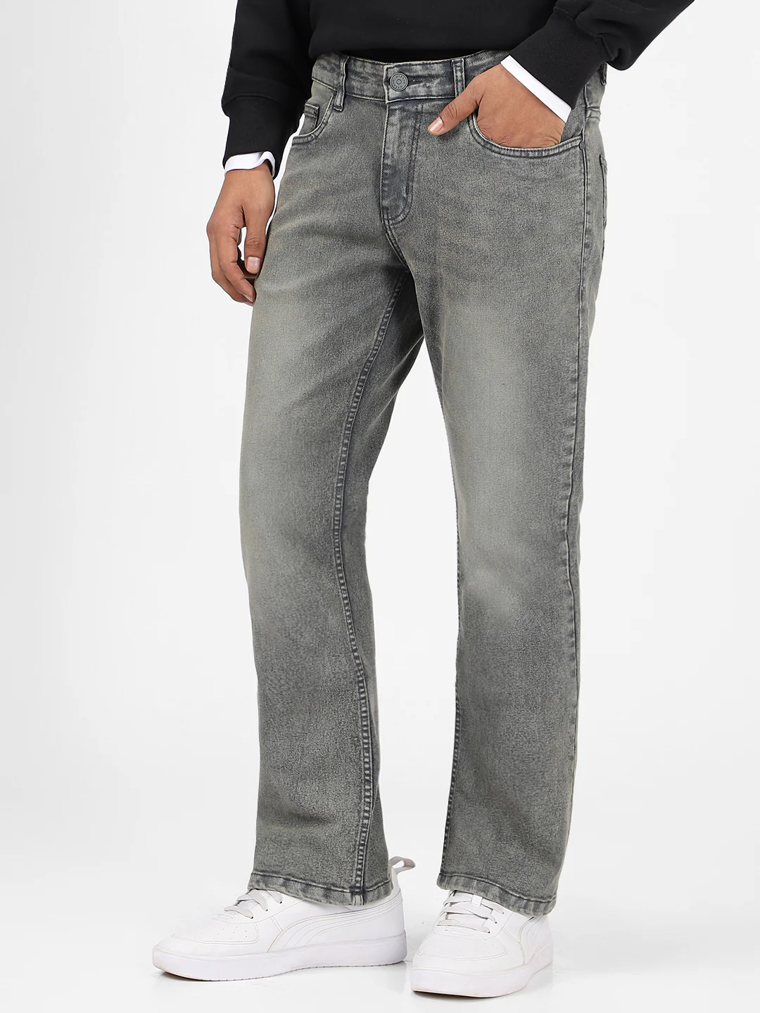 Men's Dark Grey Washed Bootcut Jeans Stretchable - Image 2